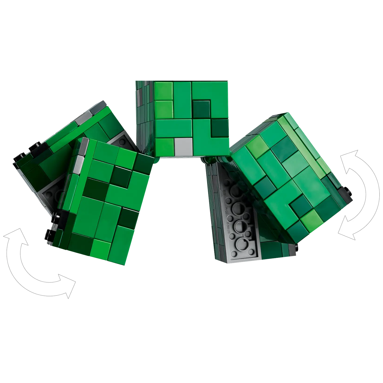 Drie groene Minecraft Creeper-hoofden van Lego-stenen zijn afgebeeld. Pijlen geven rotatie aan. De achtergrond is wit.