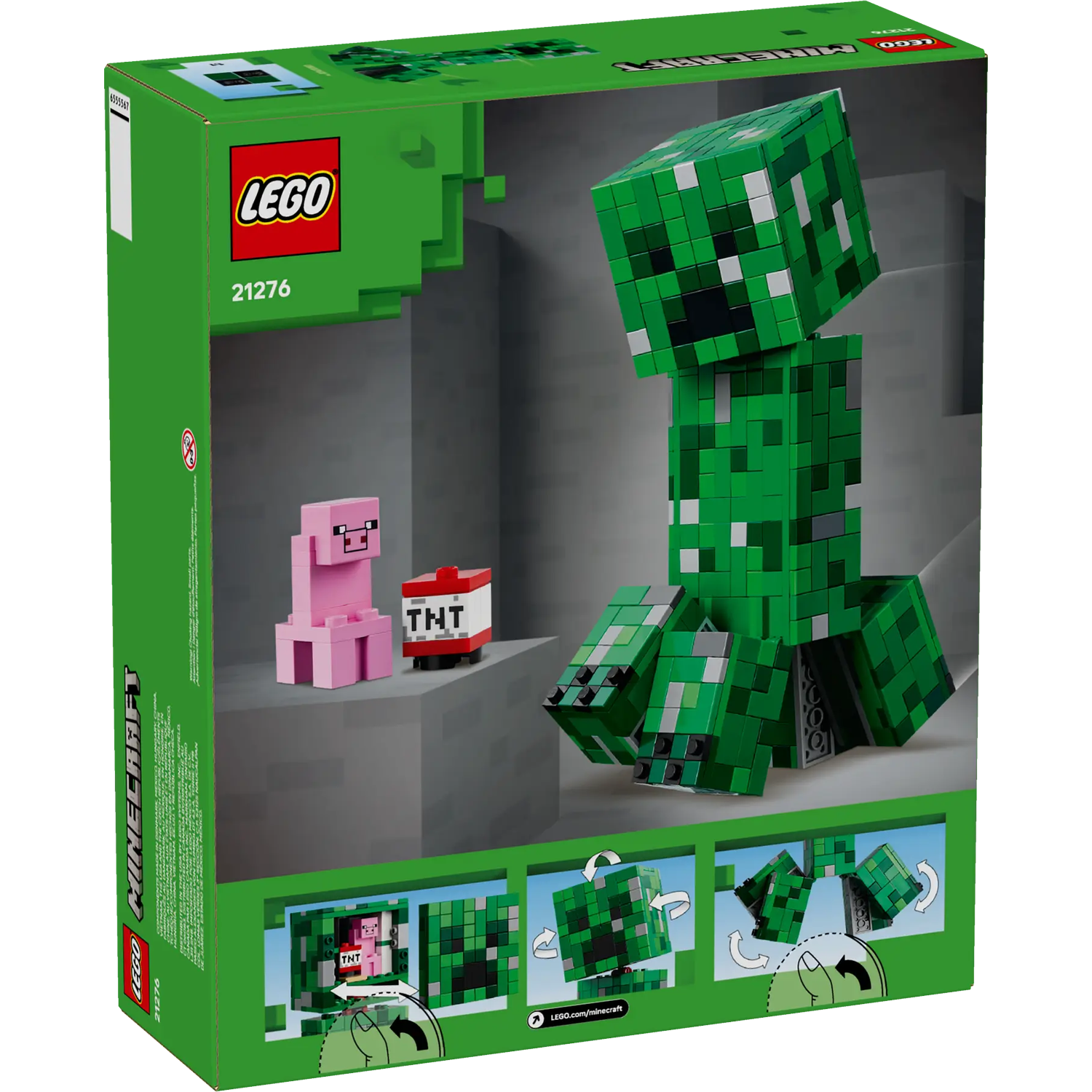 Een Lego Minecraft-doos met een groene Creeper, een roze varken en een TNT-blok, allemaal gemaakt van Lego-stenen.