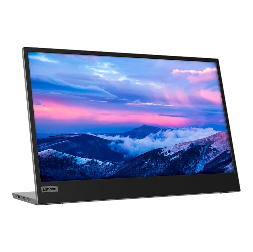 Un laptop Lenovo mostra un paesaggio montano con un cielo rosa e blu. Il laptop è aperto, mostrando lo schermo.