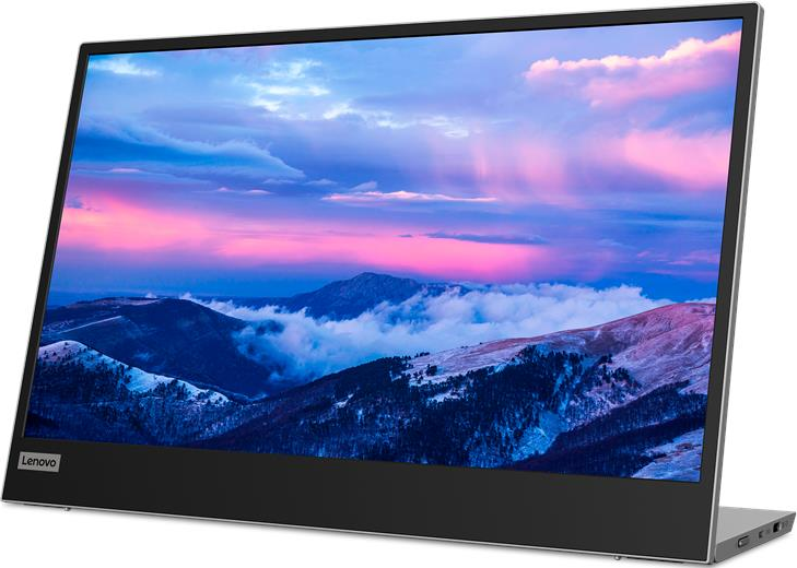 Monitor Lenovo che mostra un paesaggio montano con nuvole e cielo colorato.