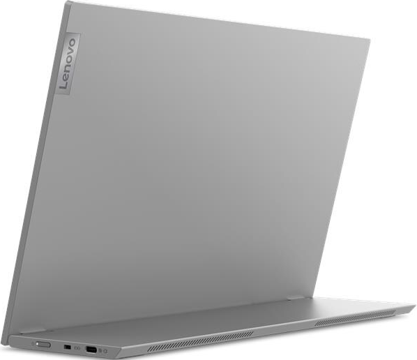 Un laptop Lenovo grigio è leggermente aperto, mostrando lo schermo. Il logo Lenovo è visibile nell'angolo in alto a sinistra.