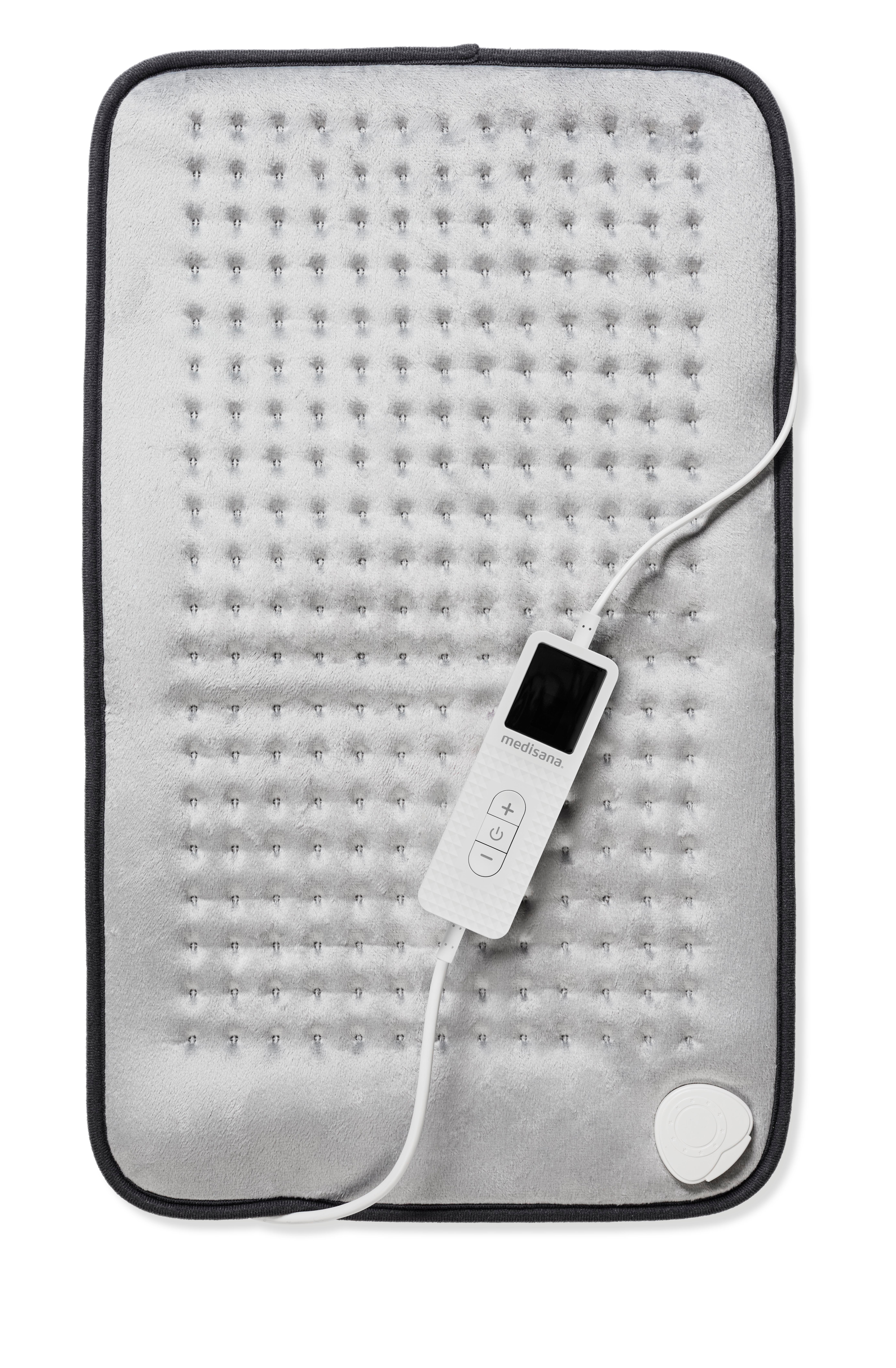 Ein graues Heizkissen mit Bedienfeld und weißem Kabel. Das Kissen hat einen dunkelgrauen Rand und einen Knopf unten.