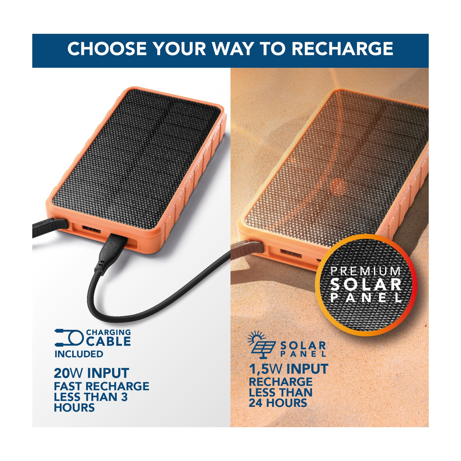 L'immagine mostra due power bank solari con cavi di ricarica. Uno è collegato con testo sulla ricarica rapida. L'altro ha informazioni sul pannello solare.