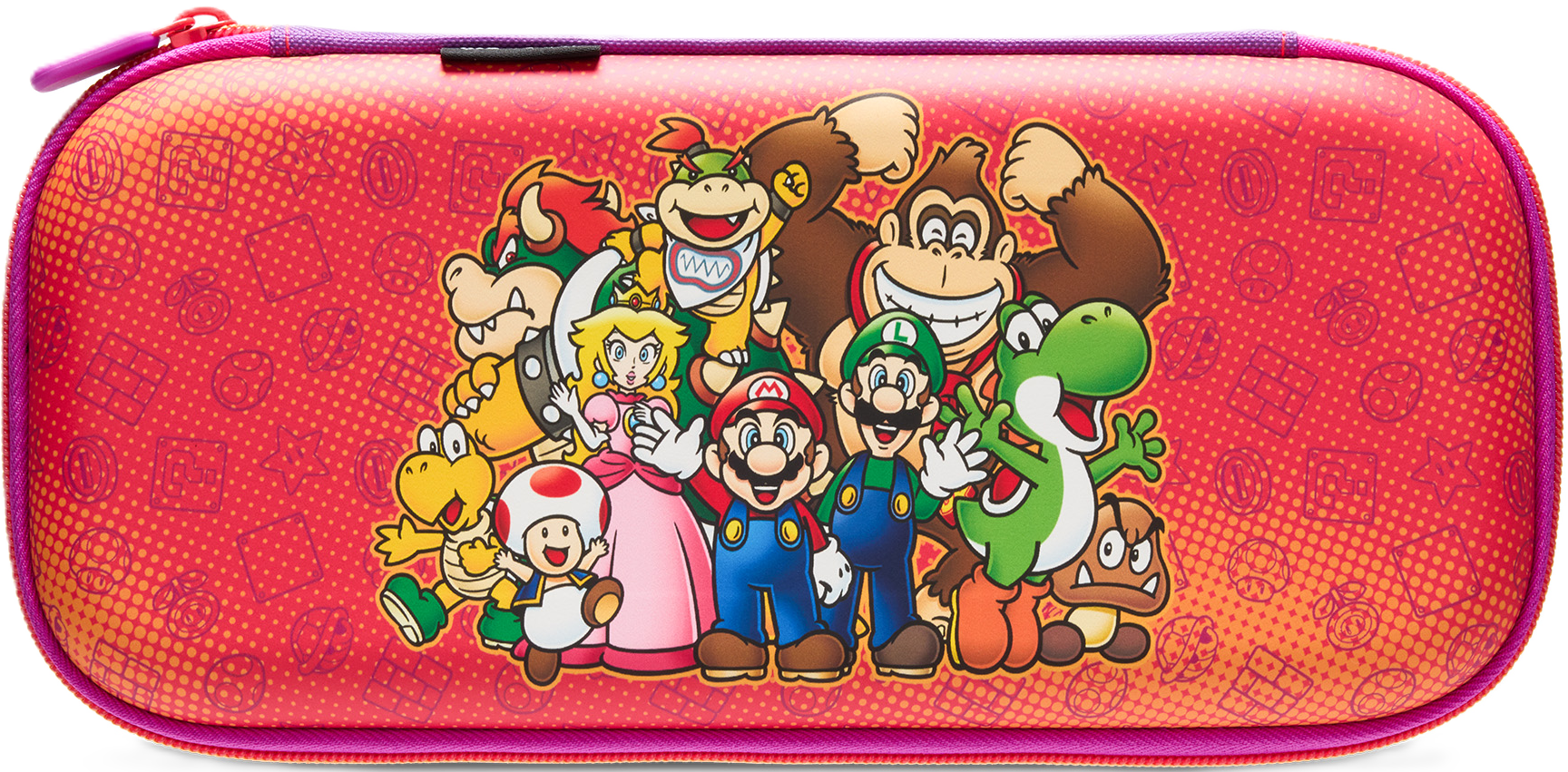 Roter Koffer mit Mario-Charakteren. Enthält Mario, Luigi, Peach, Yoshi und andere. Der Hintergrund ist rot mit Spielsymbolen.