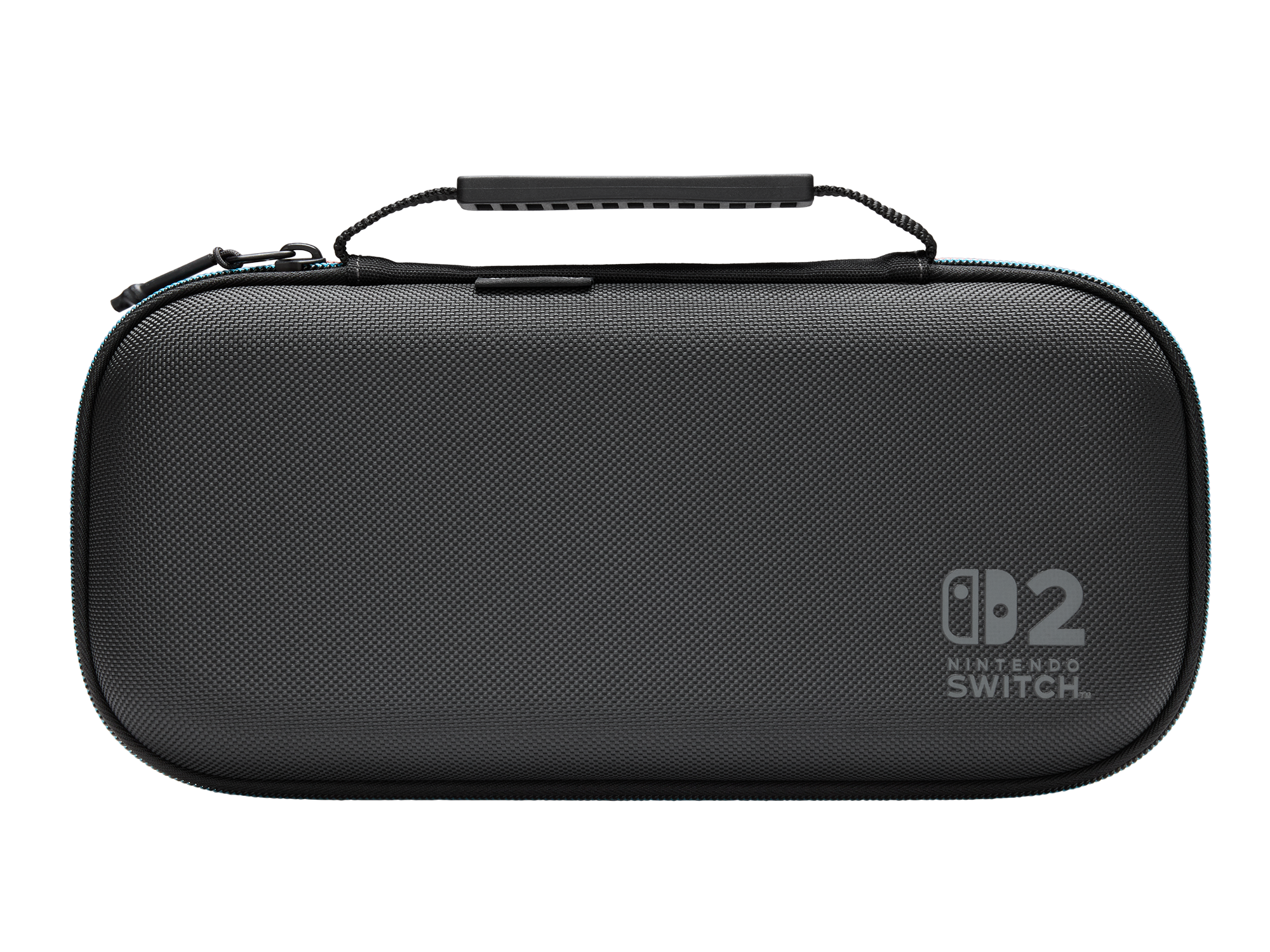 Eine schwarze Nintendo Switch-Hülle mit Griff. Auf der Vorderseite befindet sich das Nintendo Switch-Logo.