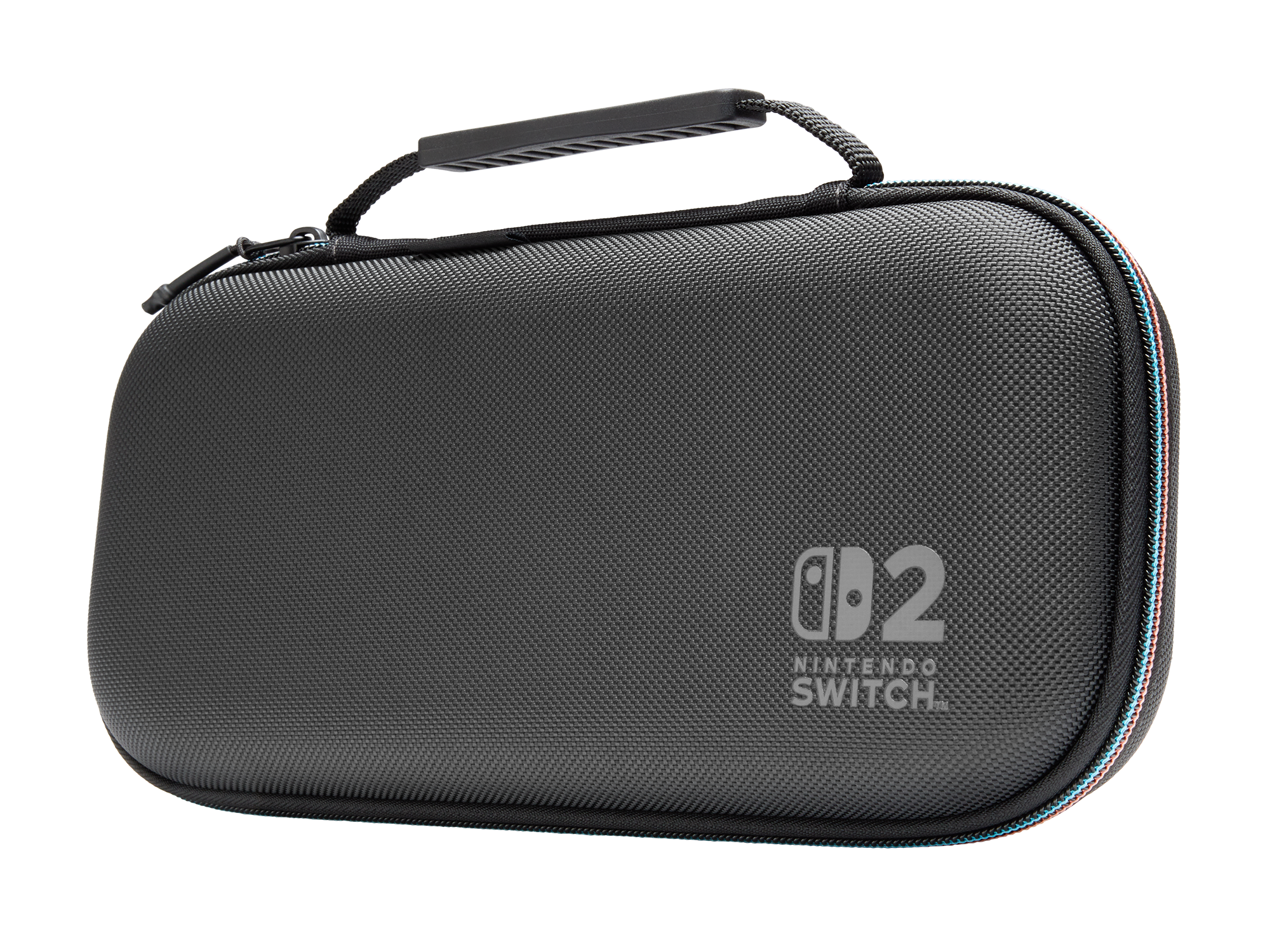 Schwarze Nintendo Switch-Hülle mit Griff und Reißverschluss. Mit Nintendo Switch-Logo.