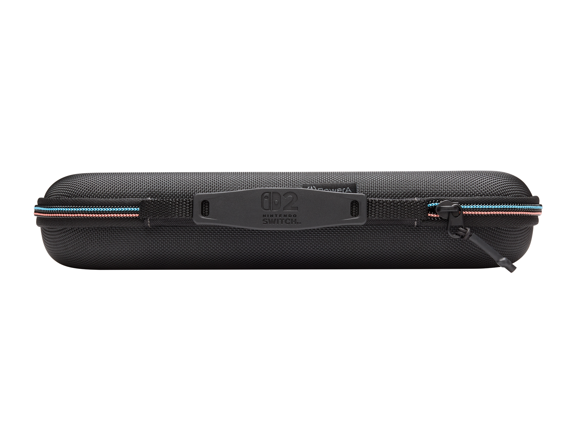 Schwarze Nintendo Switch-Hülle mit Reißverschluss, Logo und Griff. Rosa und blaue Streifen befinden sich am Reißverschluss.