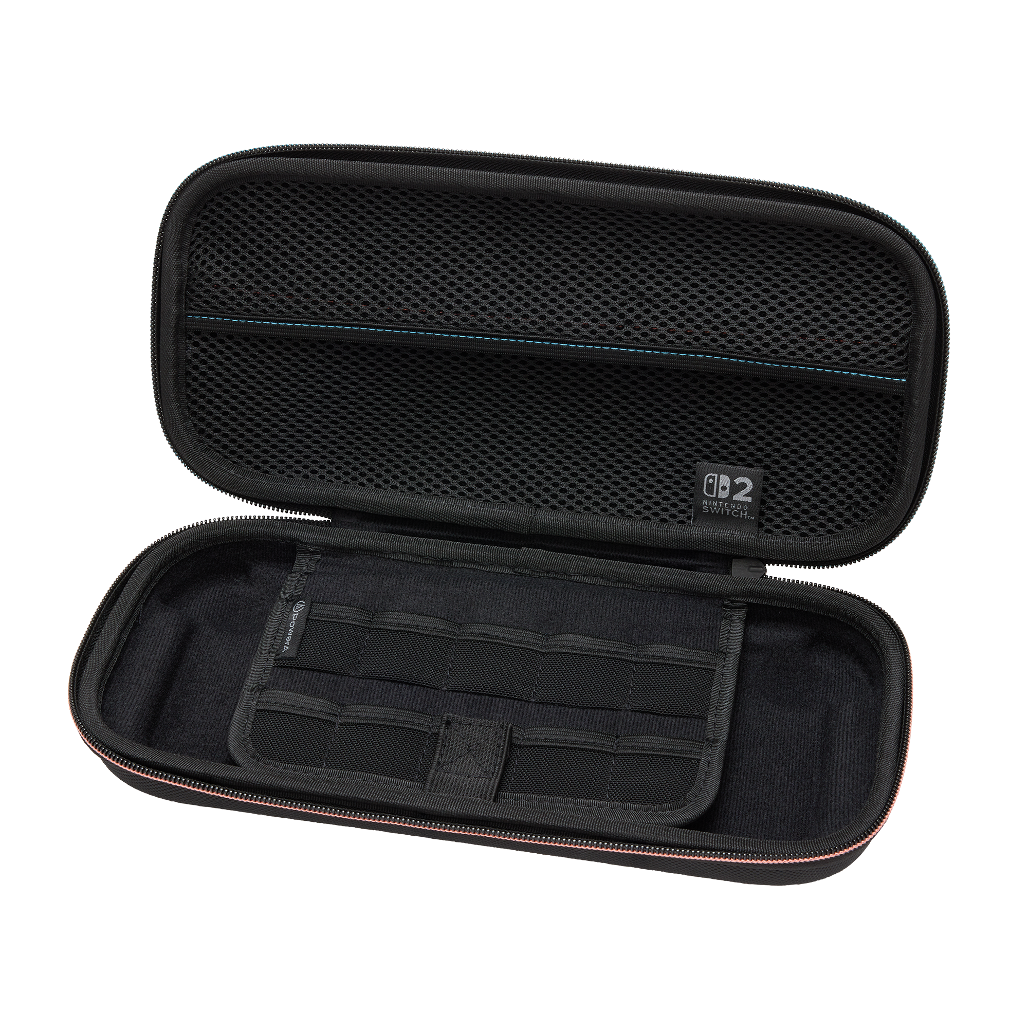 Geöffnete schwarze Nintendo Switch-Hülle. Innenraum aus Mesh und Stoff mit Taschen. Rosa Reißverschluss. Nintendo Switch-Logo.