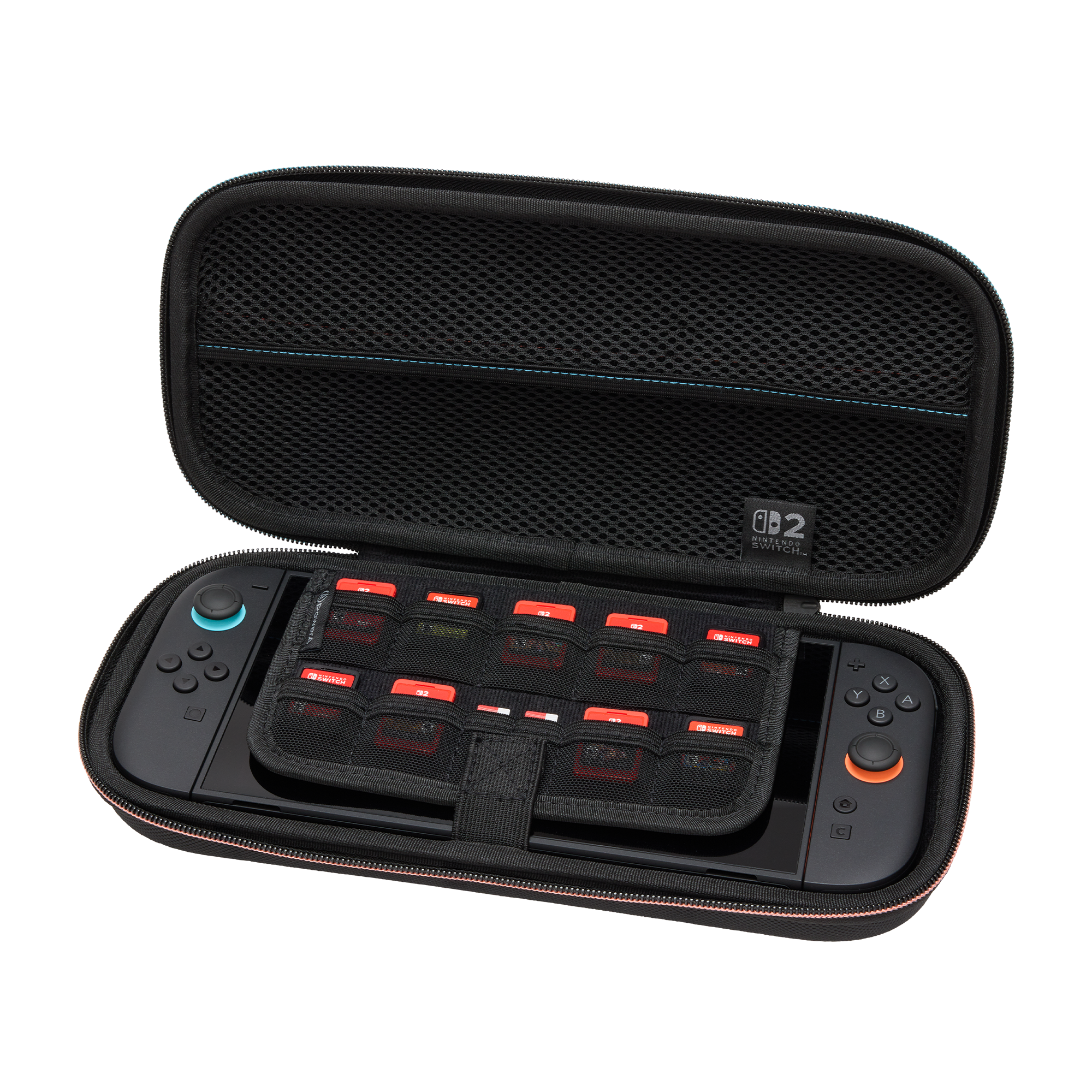 Offene schwarze Switch-Hülle. Im Inneren befinden sich eine Switch-Konsole und Spielkassetten. Hülle hat einen rosa Reißverschluss.
