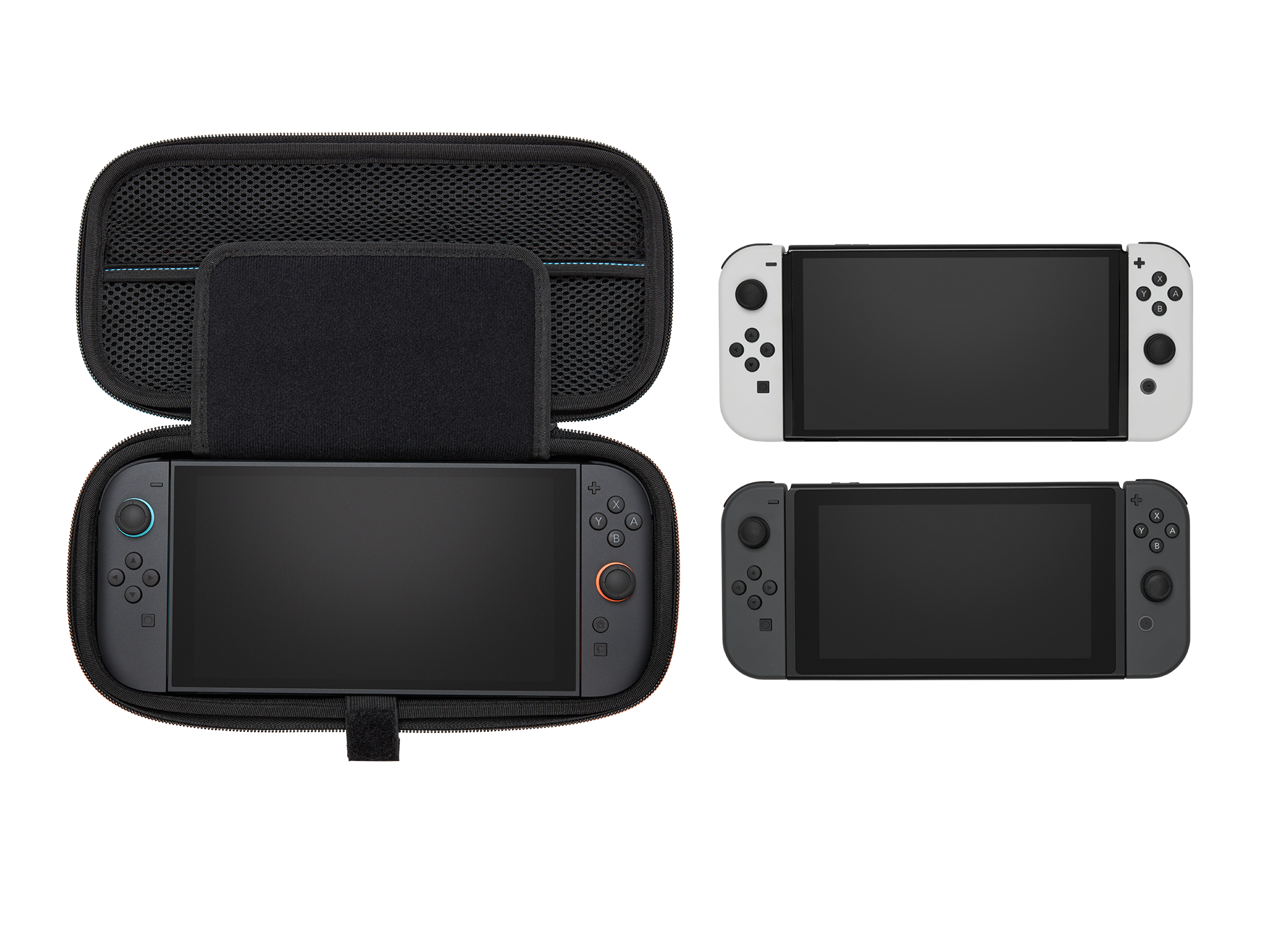 Das Bild zeigt eine Nintendo Switch-Konsole in einer Hülle und zwei Konsolen. Ein Switch befindet sich in einem Gehäuse.