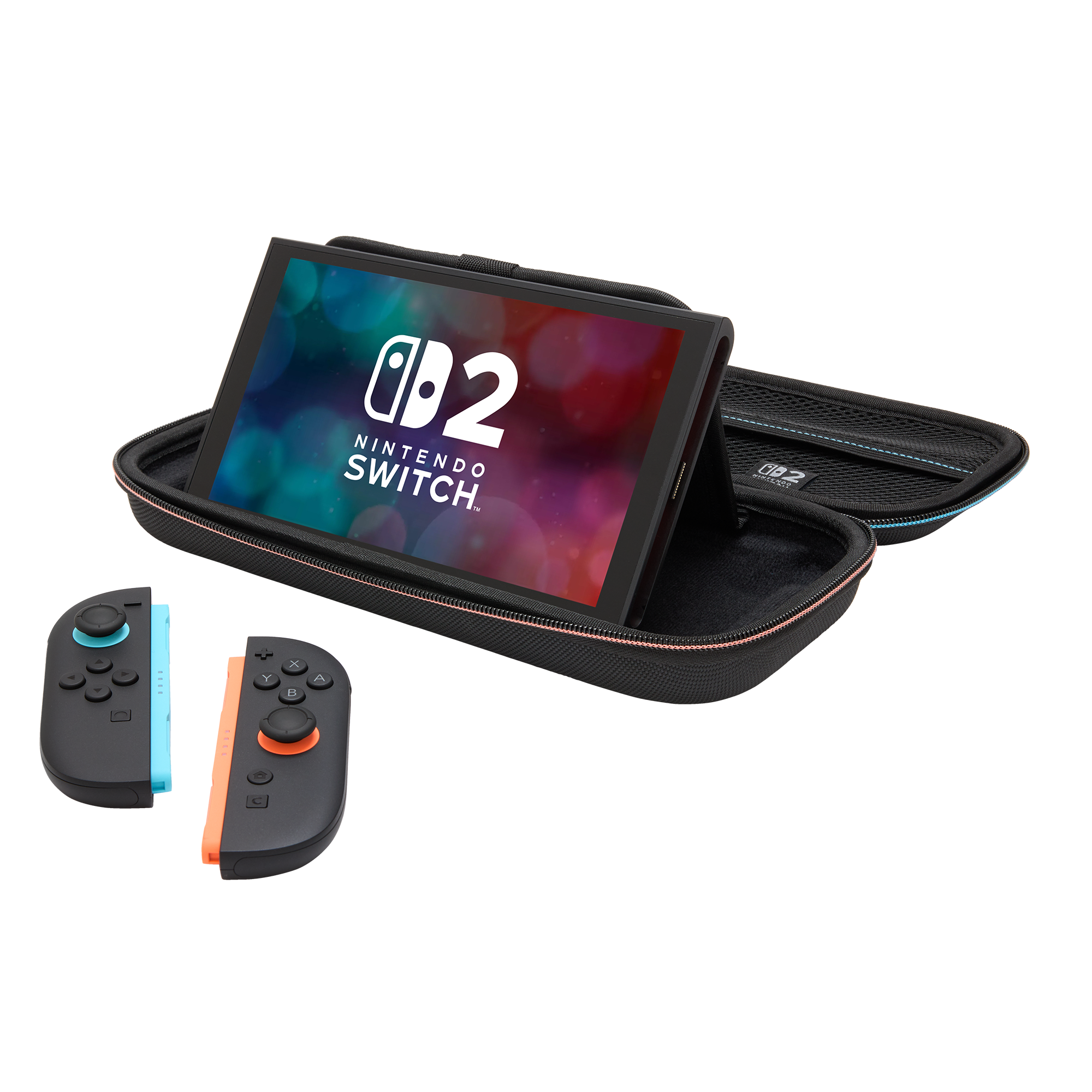 Nintendo Switch-Konsole in einer schwarzen Hülle mit Controllern. Der Bildschirm zeigt das Nintendo Switch-Logo.