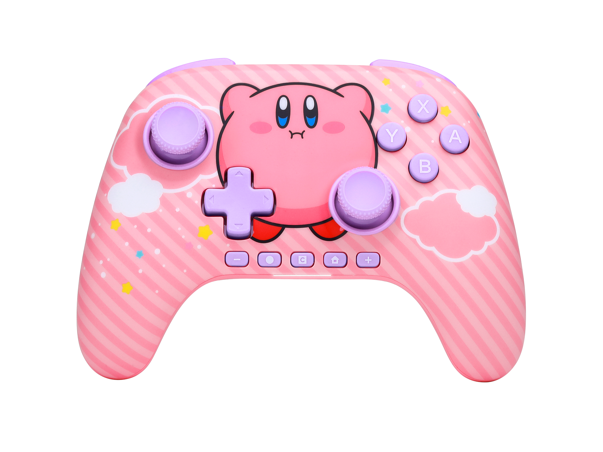 Rosa Kirby-Gamecontroller mit rosa und lila Knöpfen. Es hat Kirbys Gesicht und Wolken-Designs.
