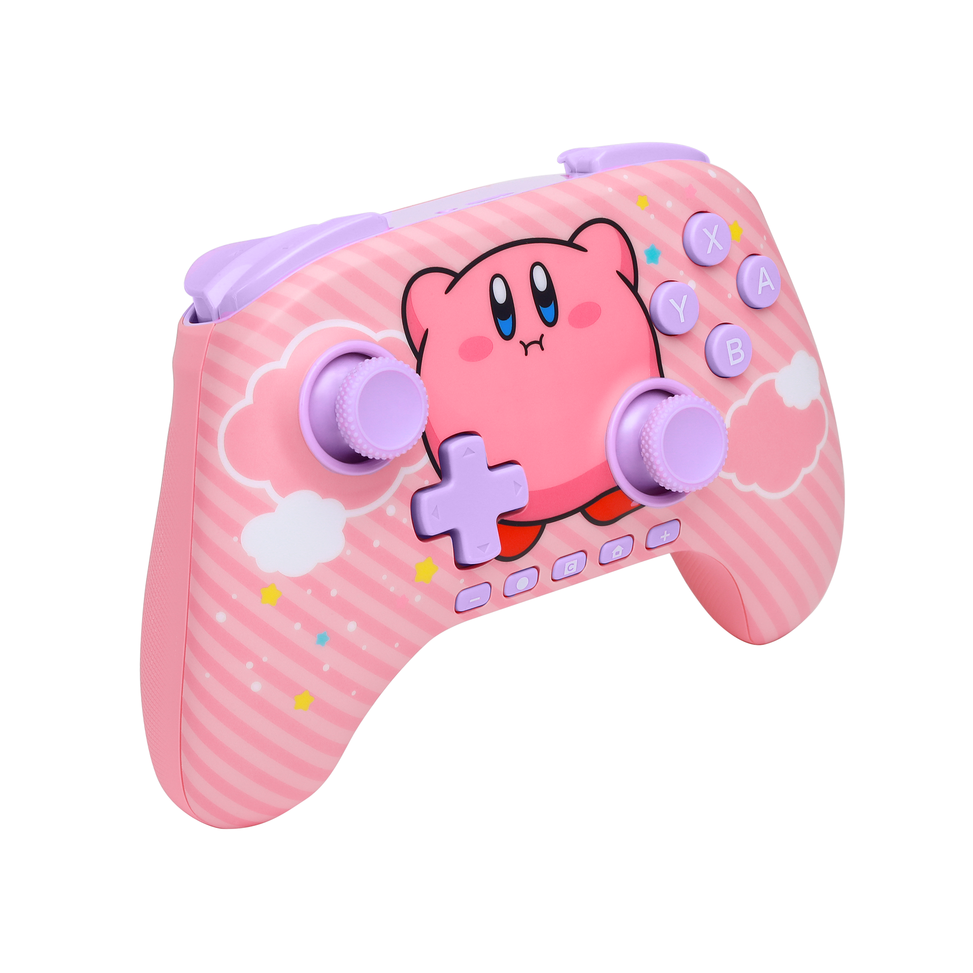Rosa und lila Kirby-Gamecontroller mit Streifen, Knöpfen und einem Kirby-Gesicht.