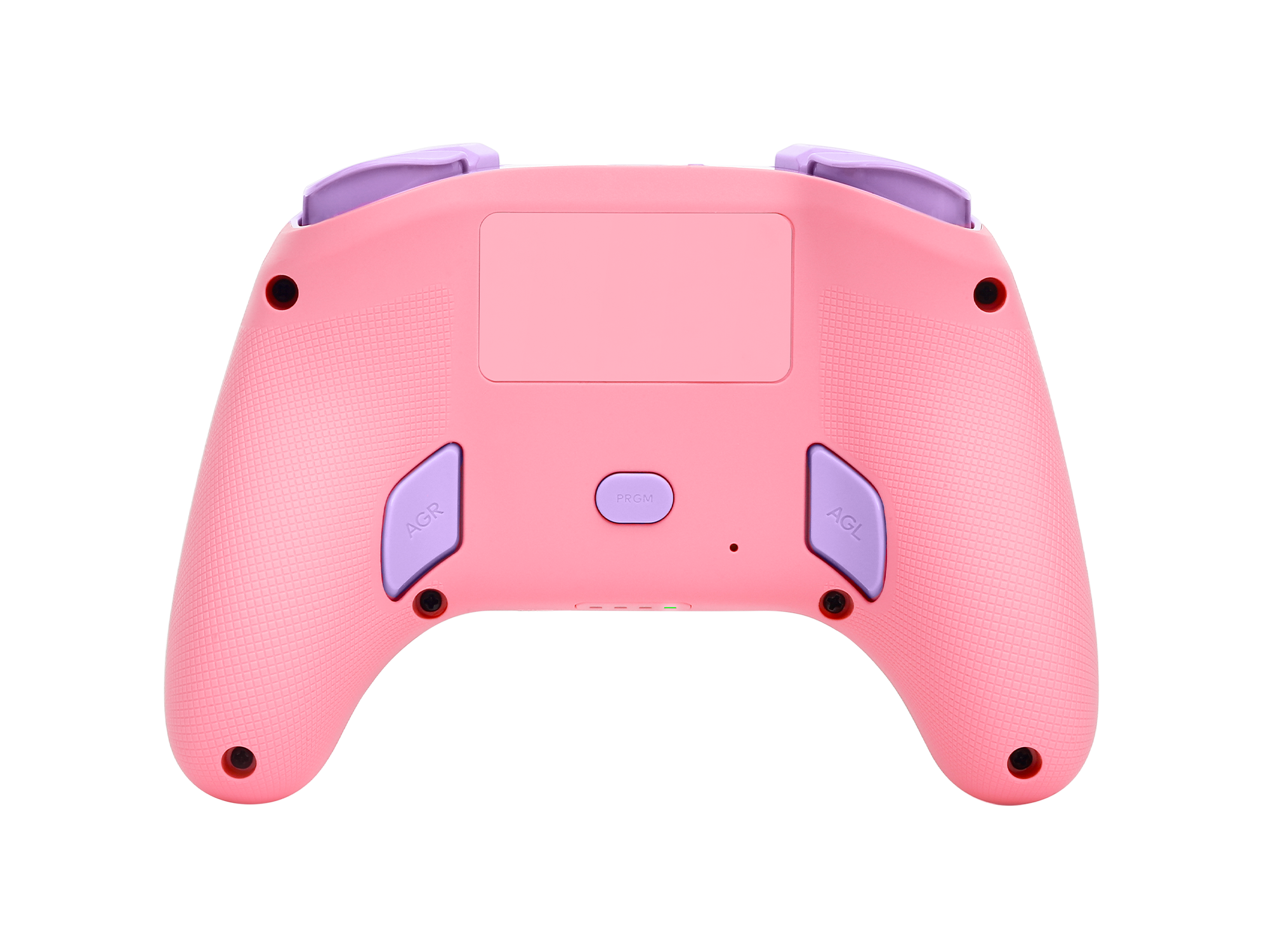Rosa Gamecontroller mit lila Akzenten. Knöpfe mit der Aufschrift AGR, AGL und PRGM. Zwei lila Joystick-Aufsätze.