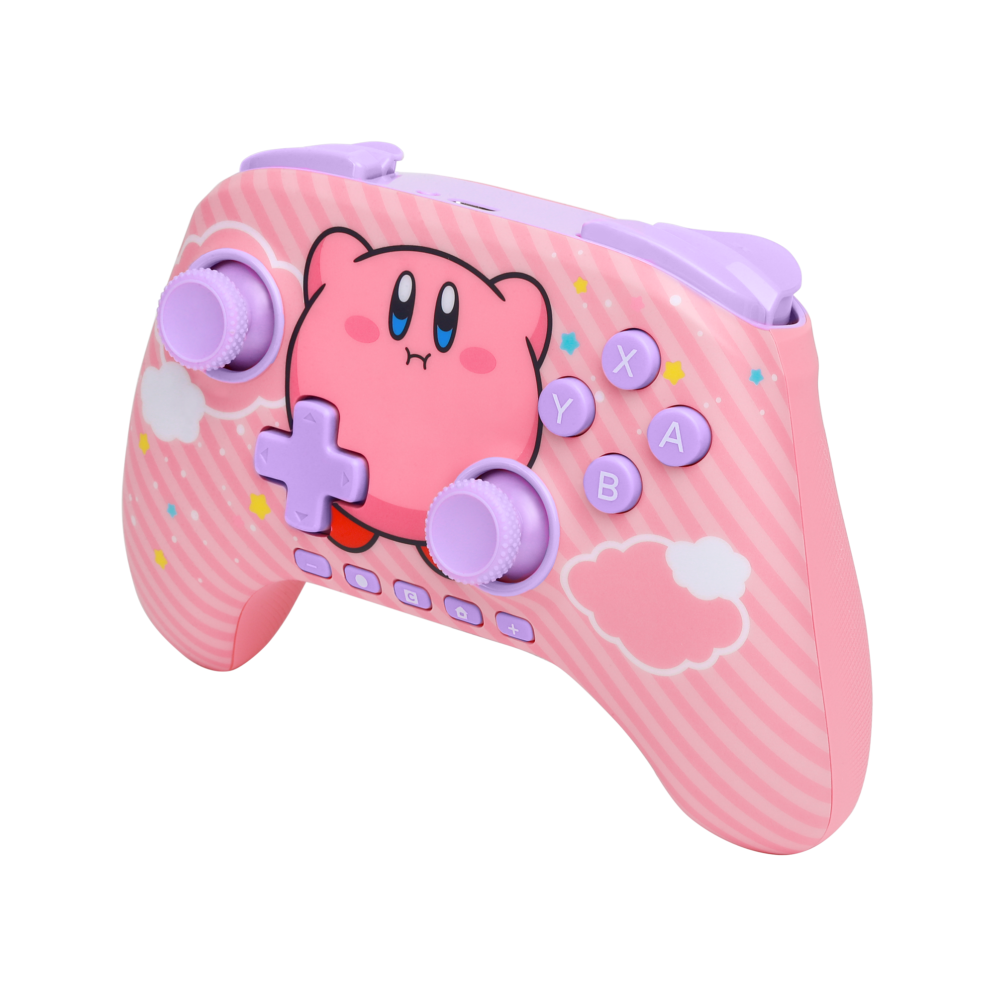 Rosa-lila Kirby-Spielcontroller. Er hat Kirby-Artwork, Tasten und Joysticks. Das Design umfasst Streifen und Wolken.