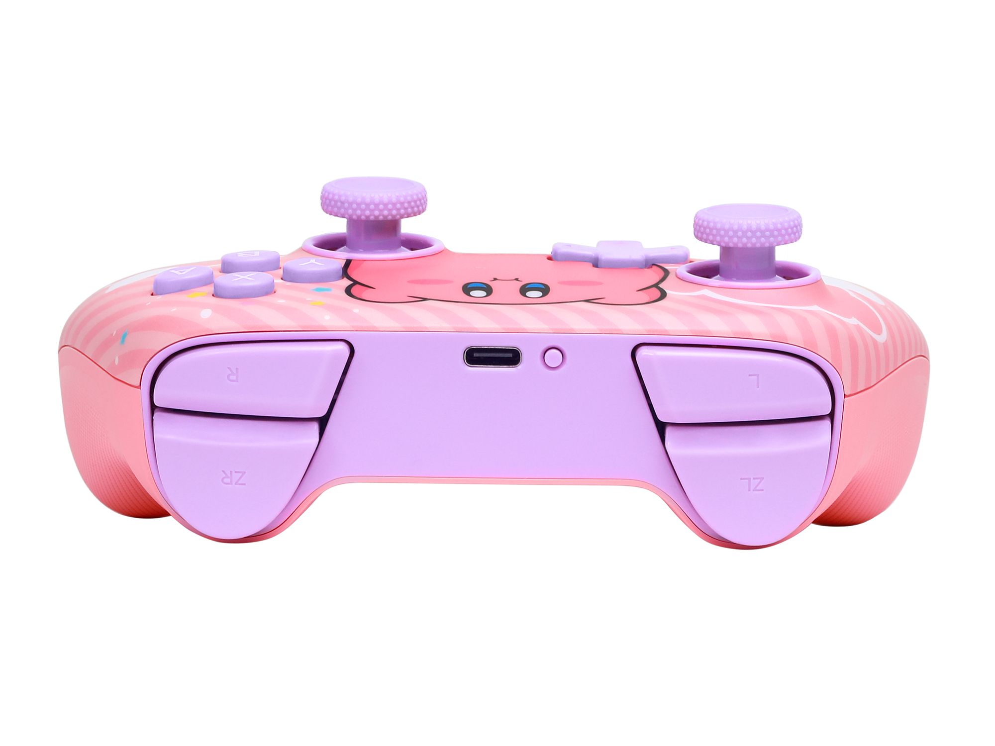 Rosa-lila Gamecontroller mit Cartoon-Gesicht. Mit Knöpfen, Joysticks und USB-Anschluss.