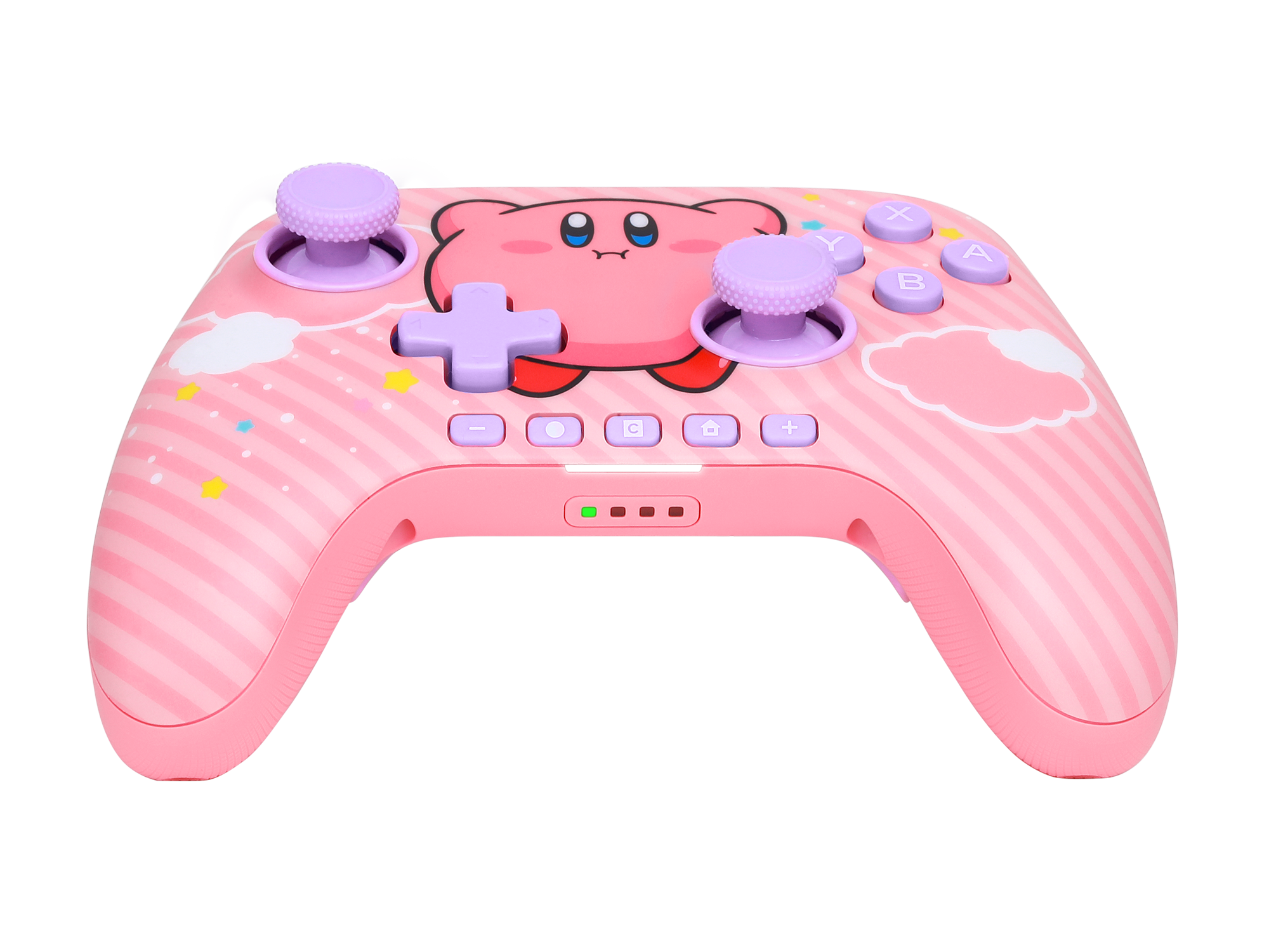 Rosa Gamecontroller mit Kirby-Design. Es hat lila Joysticks und Knöpfe mit einem rosa gestreiften Hintergrund.