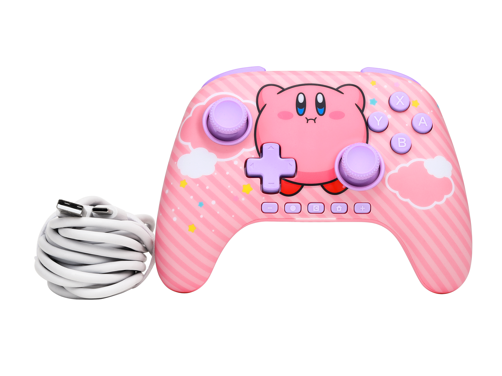 Rosa Kirby-Gamecontroller mit USB-Kabel. Der Controller hat Kirbys Gesicht, rosa Knöpfe und lila Joysticks.