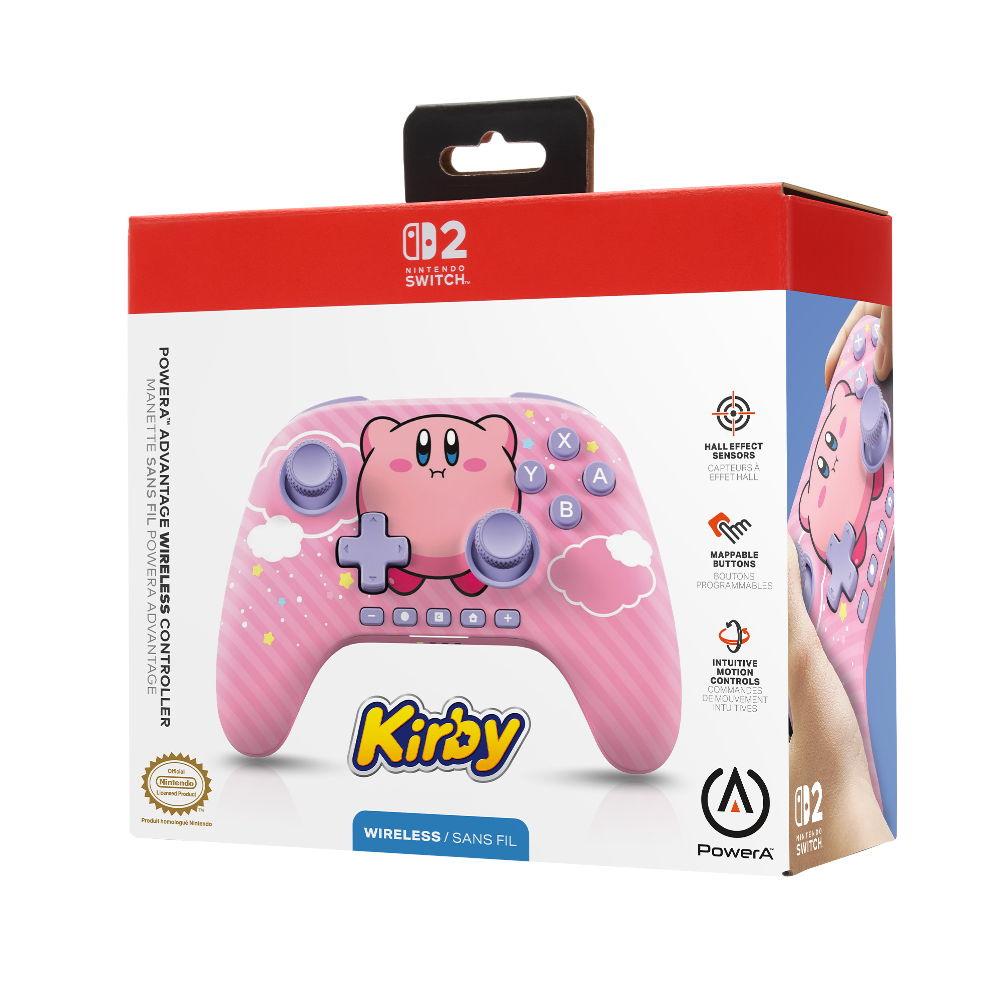 Rosa Kirby Nintendo Switch Controller-Box. Controller mit Kirby-Design und Tasten. Box zeigt Controller-Funktionen.
