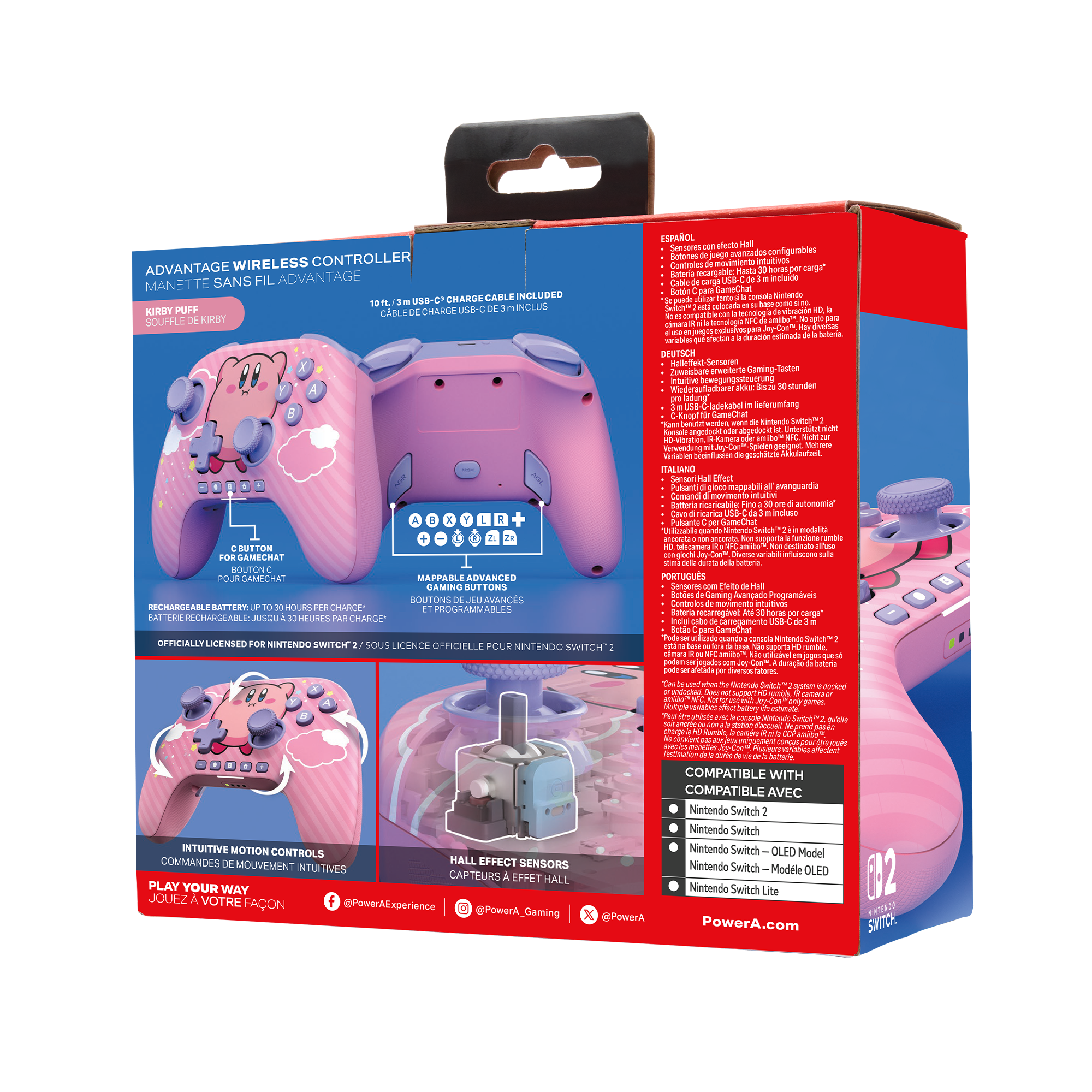 Rosa Nintendo Switch-Controller mit Kirby-Design, Knöpfen und USB-C-Kabel.