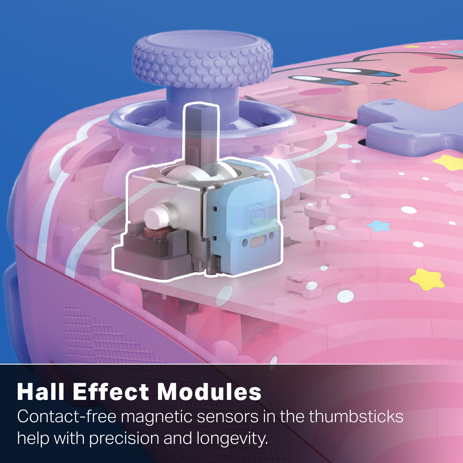 Nahaufnahme eines rosa Controllers. Zeigt den Joystick und Hall-Effekt-Module. Blauer Hintergrund.