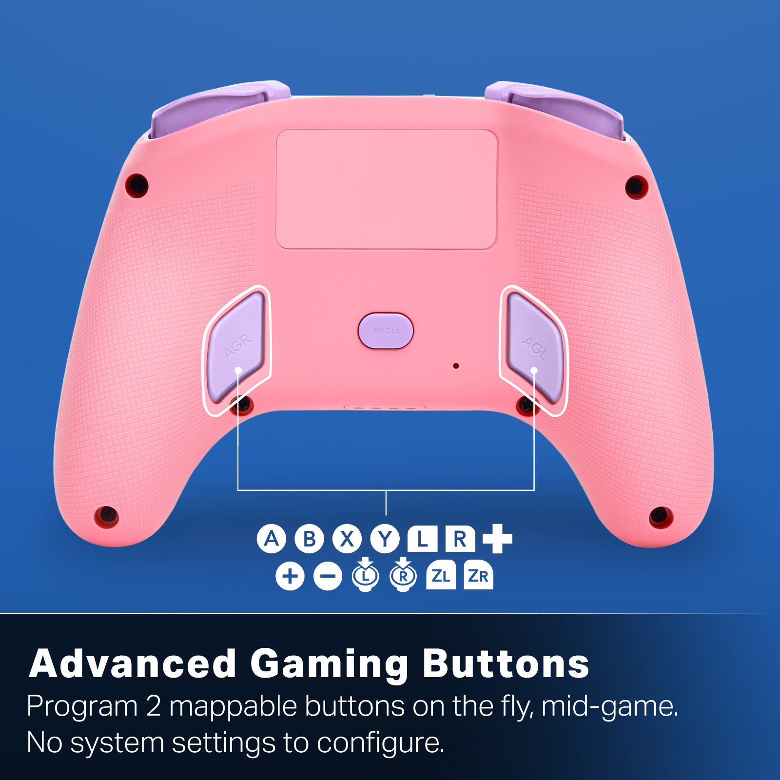 Pinker Gamecontroller mit lila Akzenten. Mit Tasten A, B, X, Y, L, R, +, Z und ZR. Text: Erweiterte Gaming-Tasten.