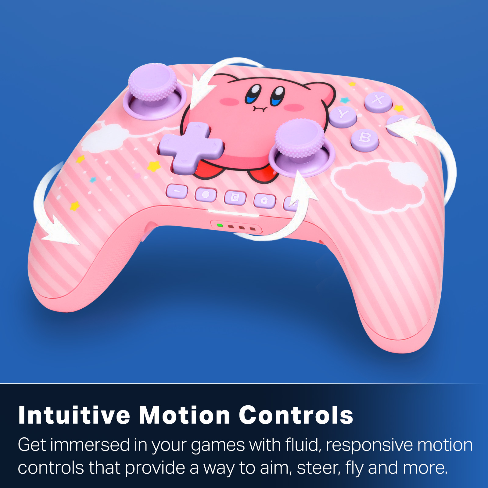 Rosa Gamecontroller mit Kirby-Design, Knöpfen, Daumensticks und weißen Pfeilen, vor blauem Hintergrund.