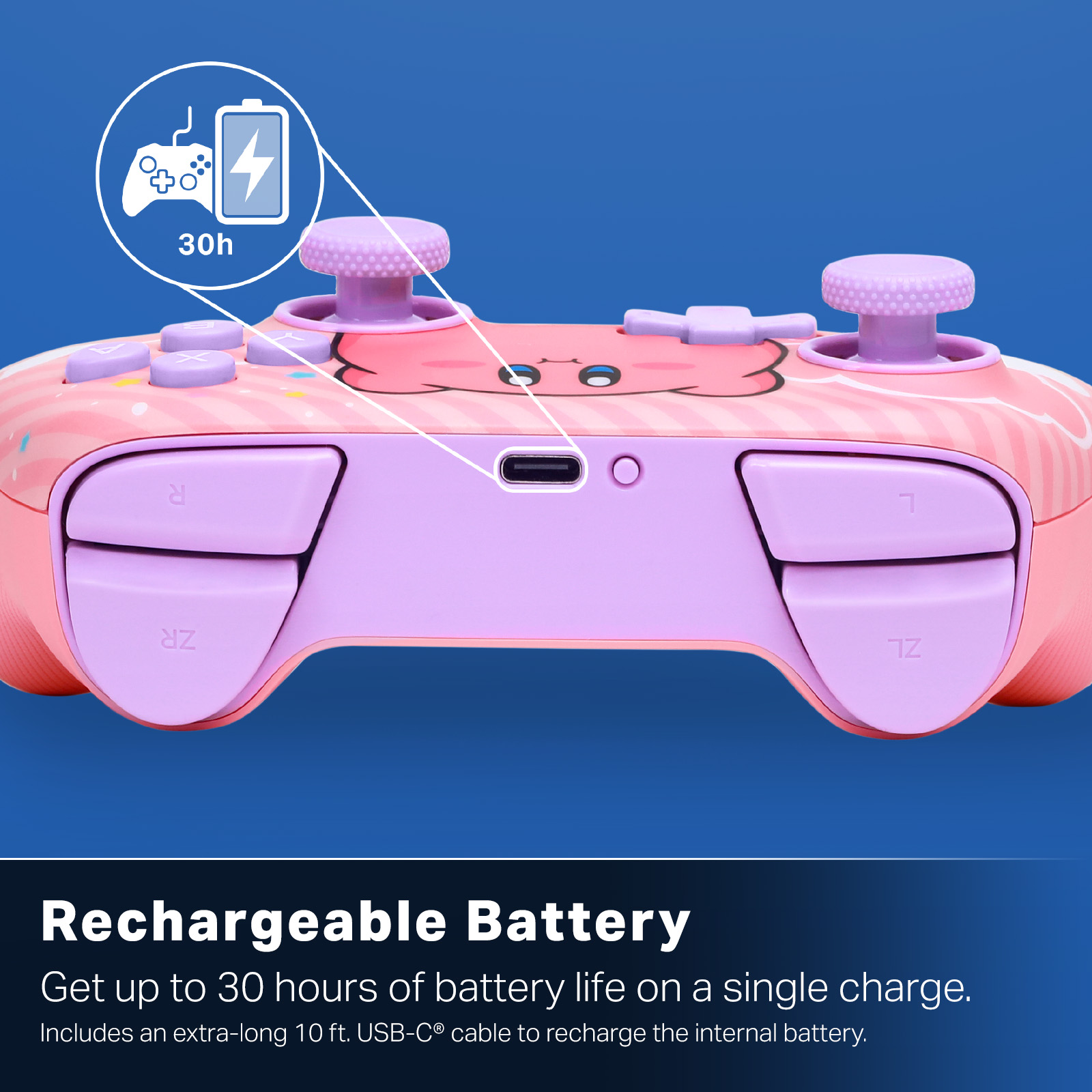 Rosa und lila Gamecontroller mit Cartoon-Charakter-Design. Es hat Knöpfe und Sticks. Der Hintergrund ist blau.