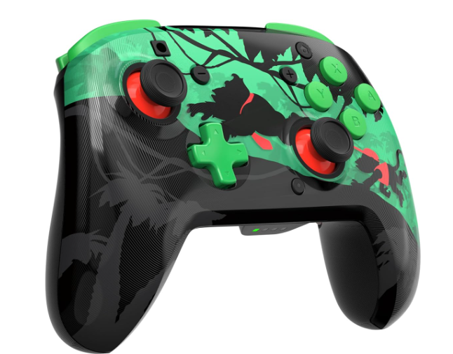 Ein grün-schwarzer Game-Controller mit Dschungel-Motiv. Er hat schwarze Analog-Sticks und grüne Knöpfe, mit einer Affen-Silhouette.