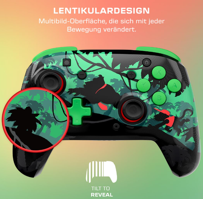 Ein grün-schwarzer Game-Controller mit Dschungel-Design, einem Gorilla-Umriss und grünen Knöpfen. Ein Kippen, um das Logo zu enthüllen, ist zu sehen.