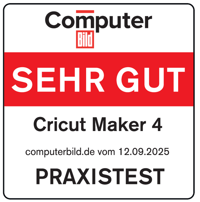 Computer Bild Bewertung: Cricut Maker 4, bewertet mit 'SEHR GUT'. Enthält das Datum '12.09.2025' und 'PRAXISTEST'.