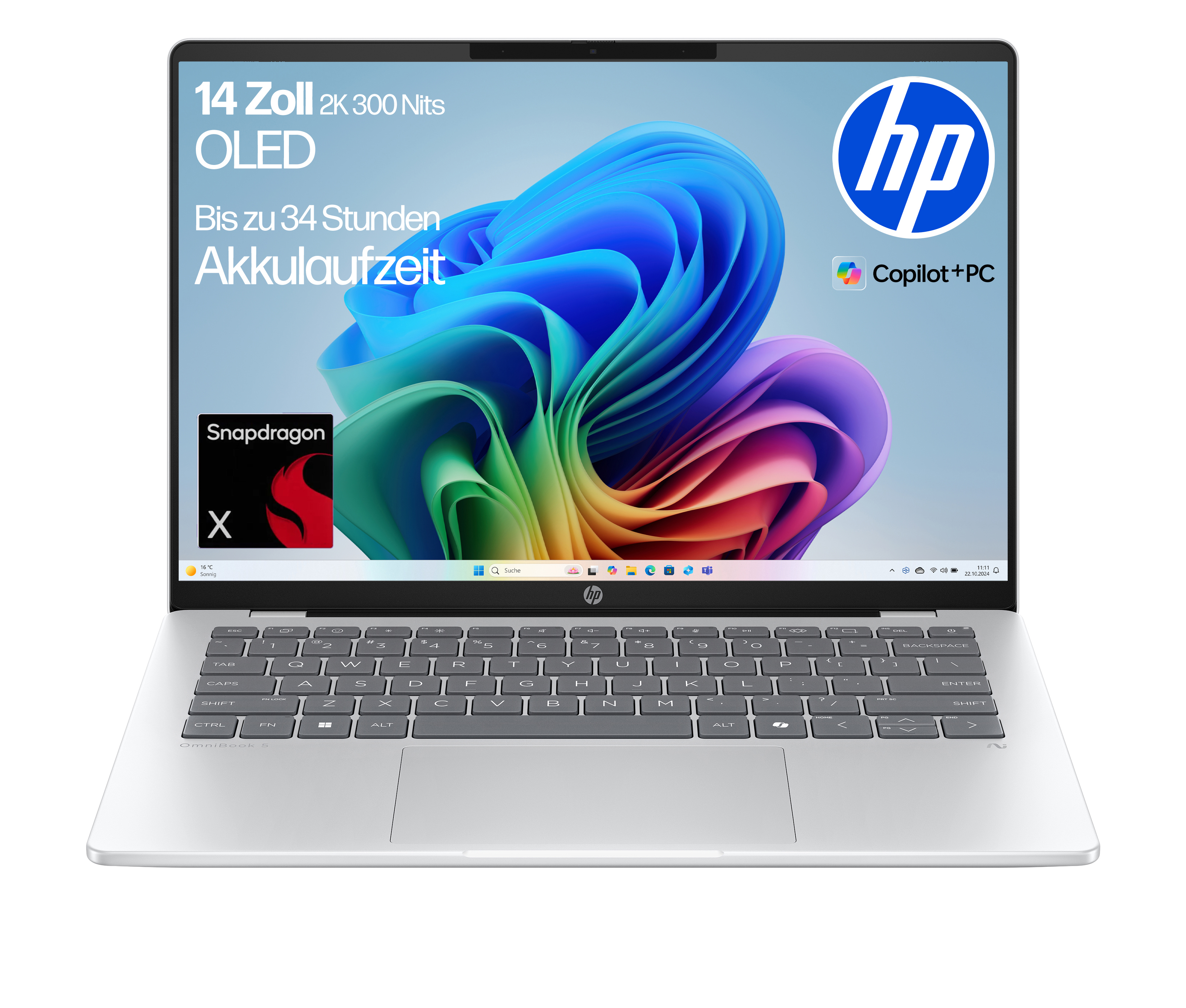 Silberner Laptop mit farbenfroher abstrakter Kunst auf dem Bildschirm, Tastatur sichtbar, HP-Logo und Snapdragon X-Logo.