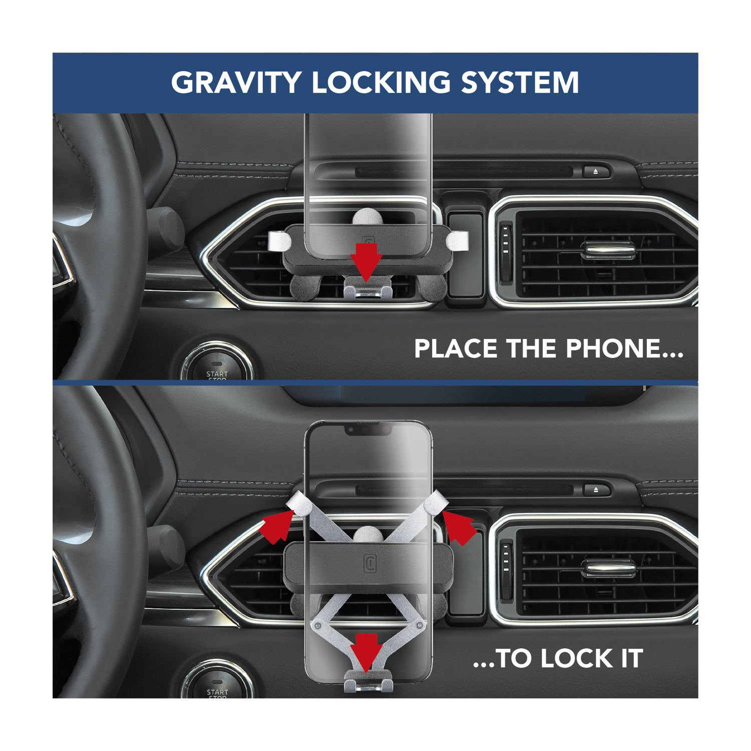 L'immagine mostra un telefono che viene inserito in un supporto per auto con bloccaggio a gravità. Le frecce indicano il meccanismo di bloccaggio. Lo sfondo è il cruscotto di un'auto.