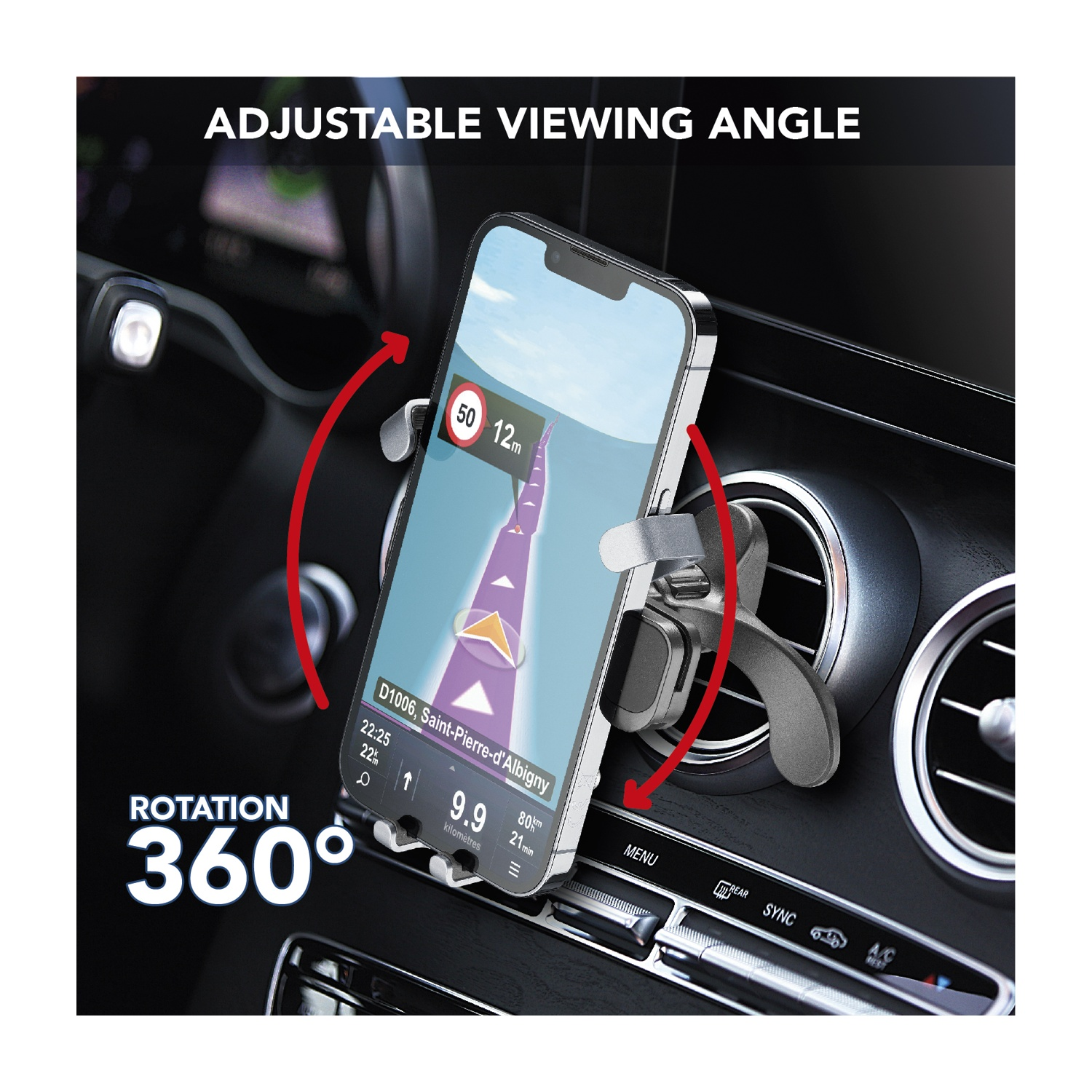Un telefono in un supporto per auto mostra un'app di navigazione. Il supporto è sul cruscotto. L'angolo è regolabile e ruotabile di 360 gradi.