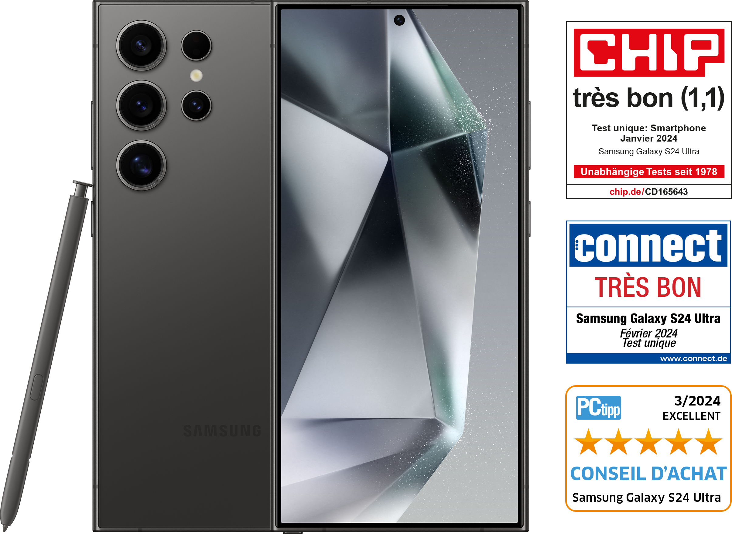 Un smartphone Samsung Galaxy S24 Ultra gris foncé, avec des critiques, un stylet et un fond noir.