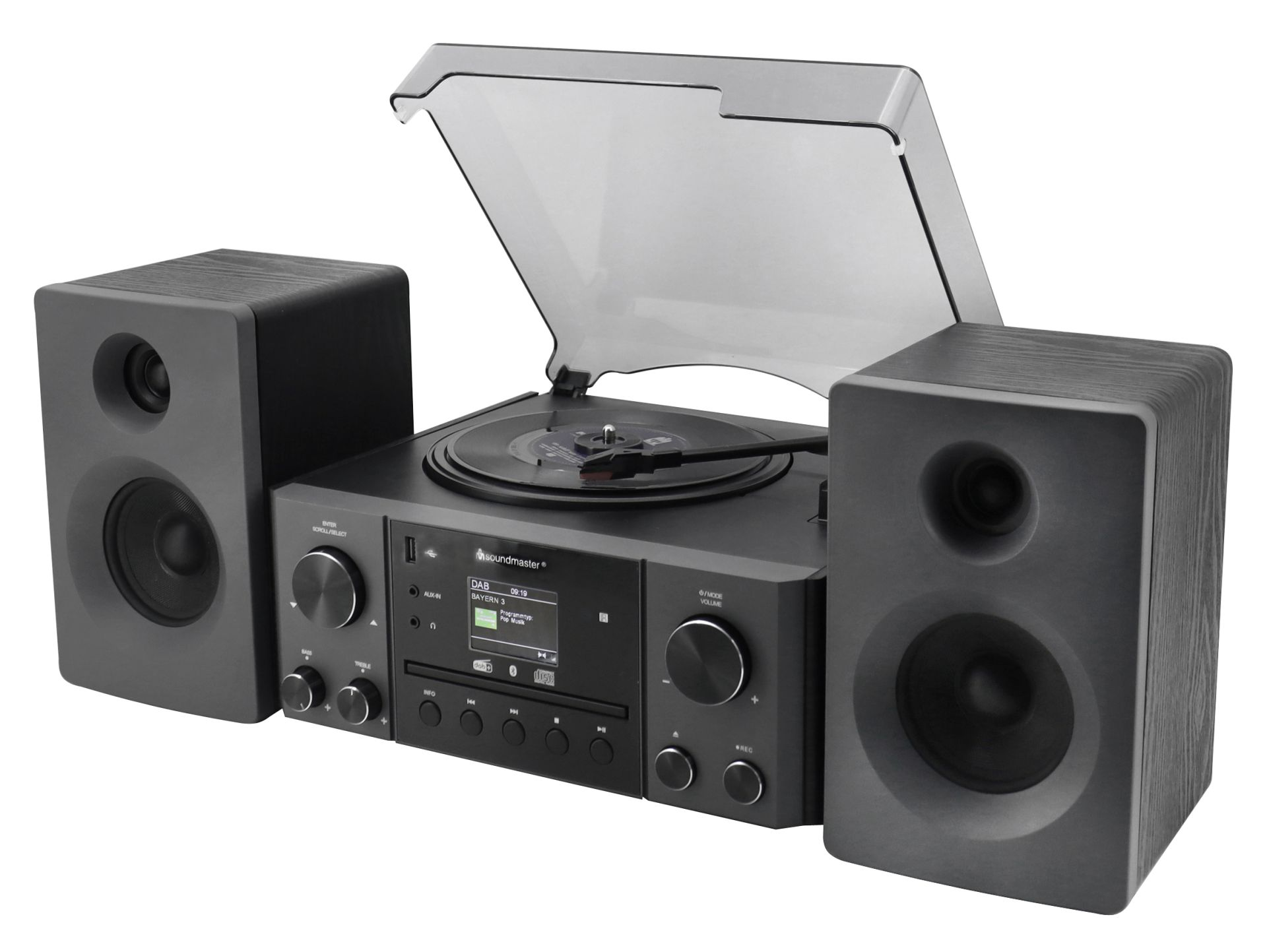 Schwarze Stereoanlage mit Plattenspieler, zwei Lautsprechern und Digitalanzeige mit Musikinformationen.