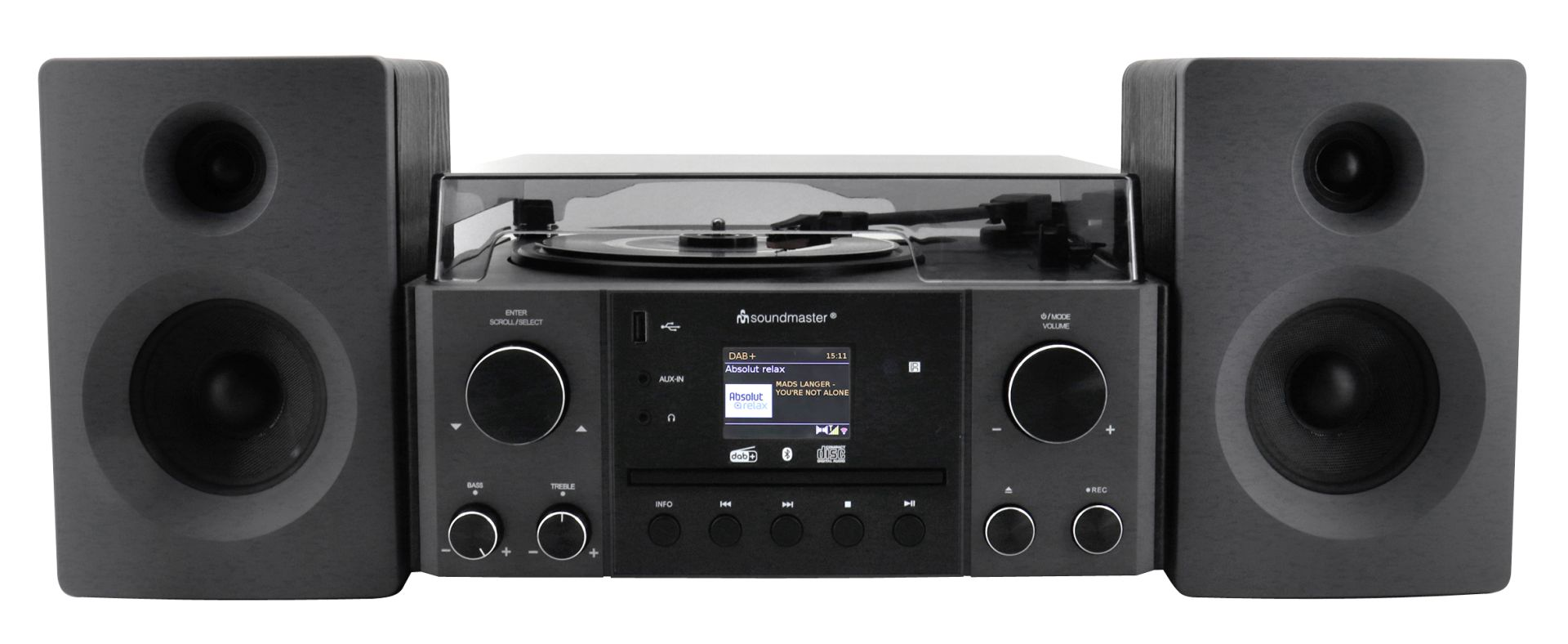 Ein schwarzes Stereoanlage mit Lautsprechern an den Seiten. Es hat einen Plattenspieler, CD-Player und Radio.