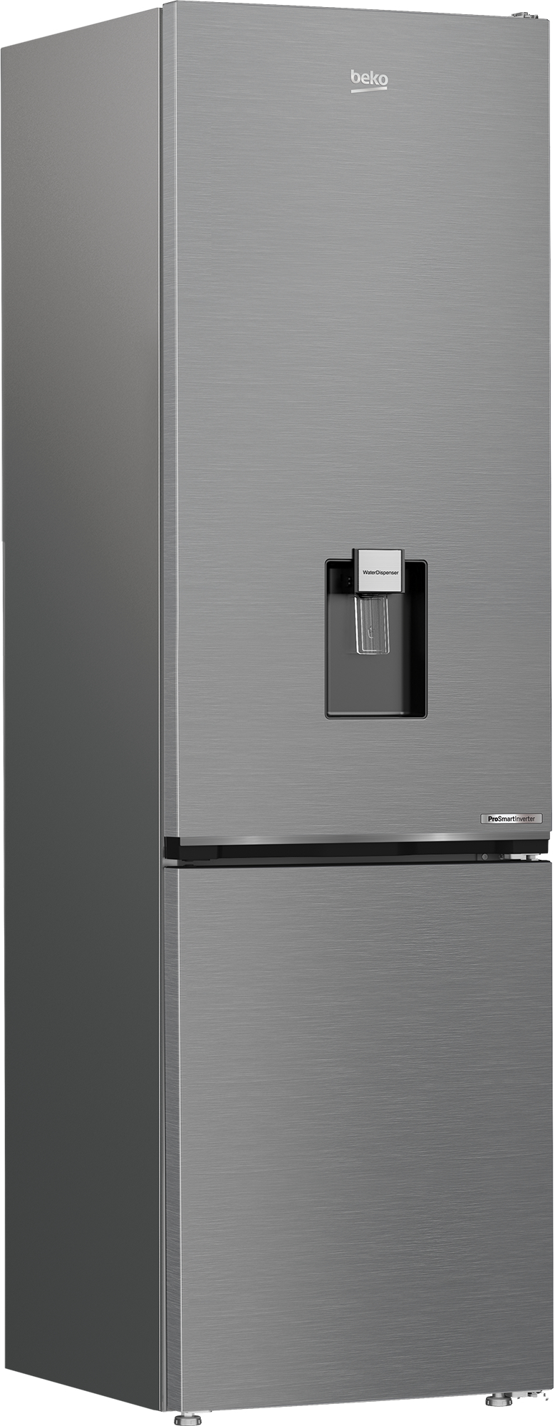 Ein Edelstahl-Beko-Kühlschrank mit Wasserspender. Der Kühlschrank hat zwei Türen und das Markenlogo oben.