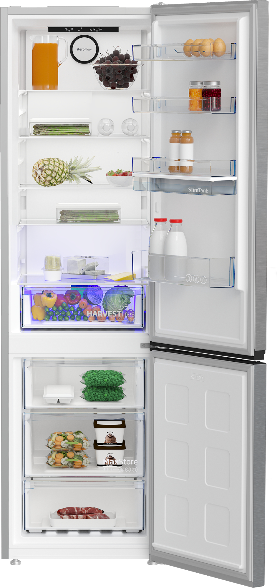 Offener Kühlschrank mit Obst, Gemüse, Eiern, Getränken und Tiefkühlkost. Ananas, Kirschen und Milchflaschen sind sichtbar.