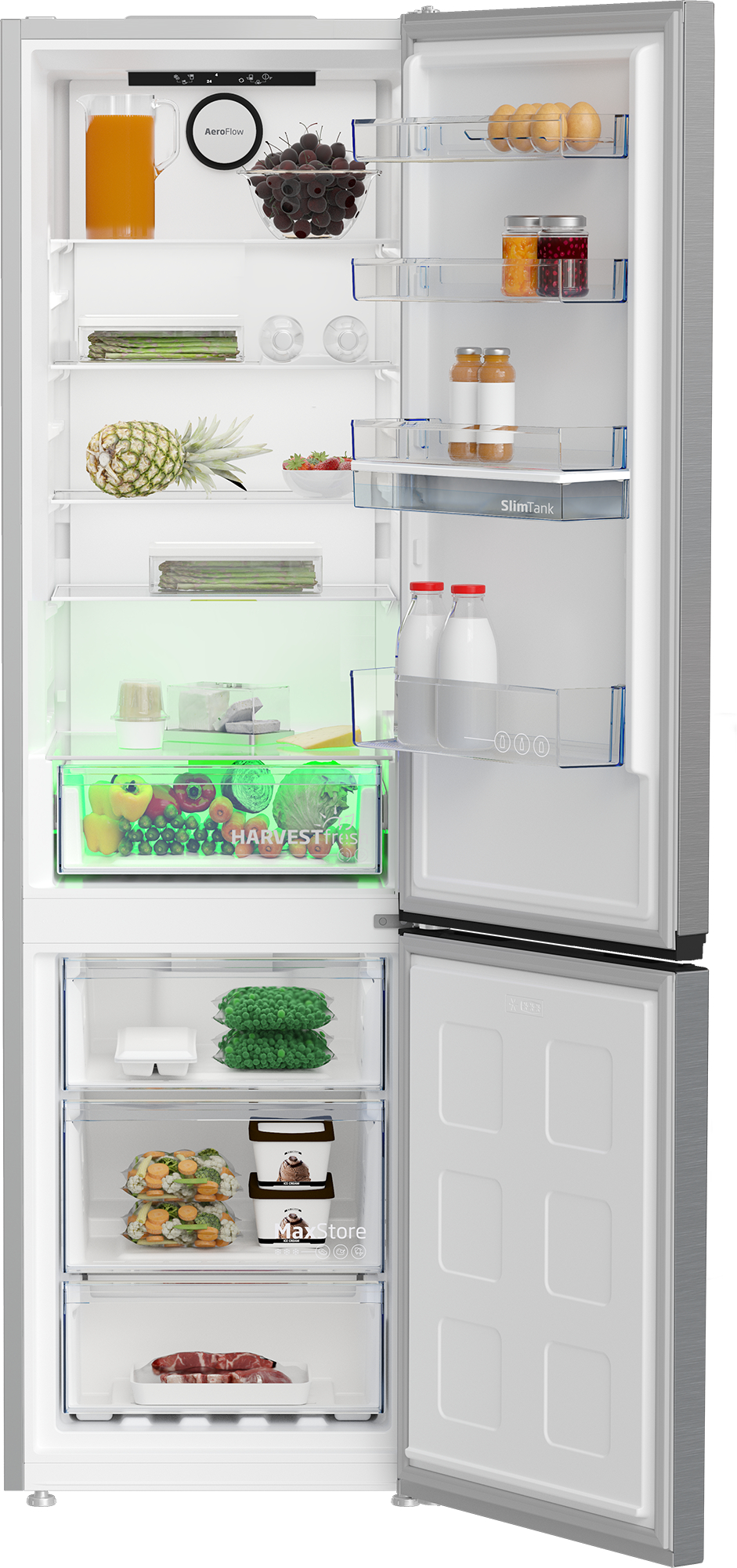Offener Kühlschrank mit Lebensmitteln: Saft, Obst, Eier, Gläser, Ananas, Erdbeeren, Gemüse, Milch, Erbsen, Eis und Fleisch.