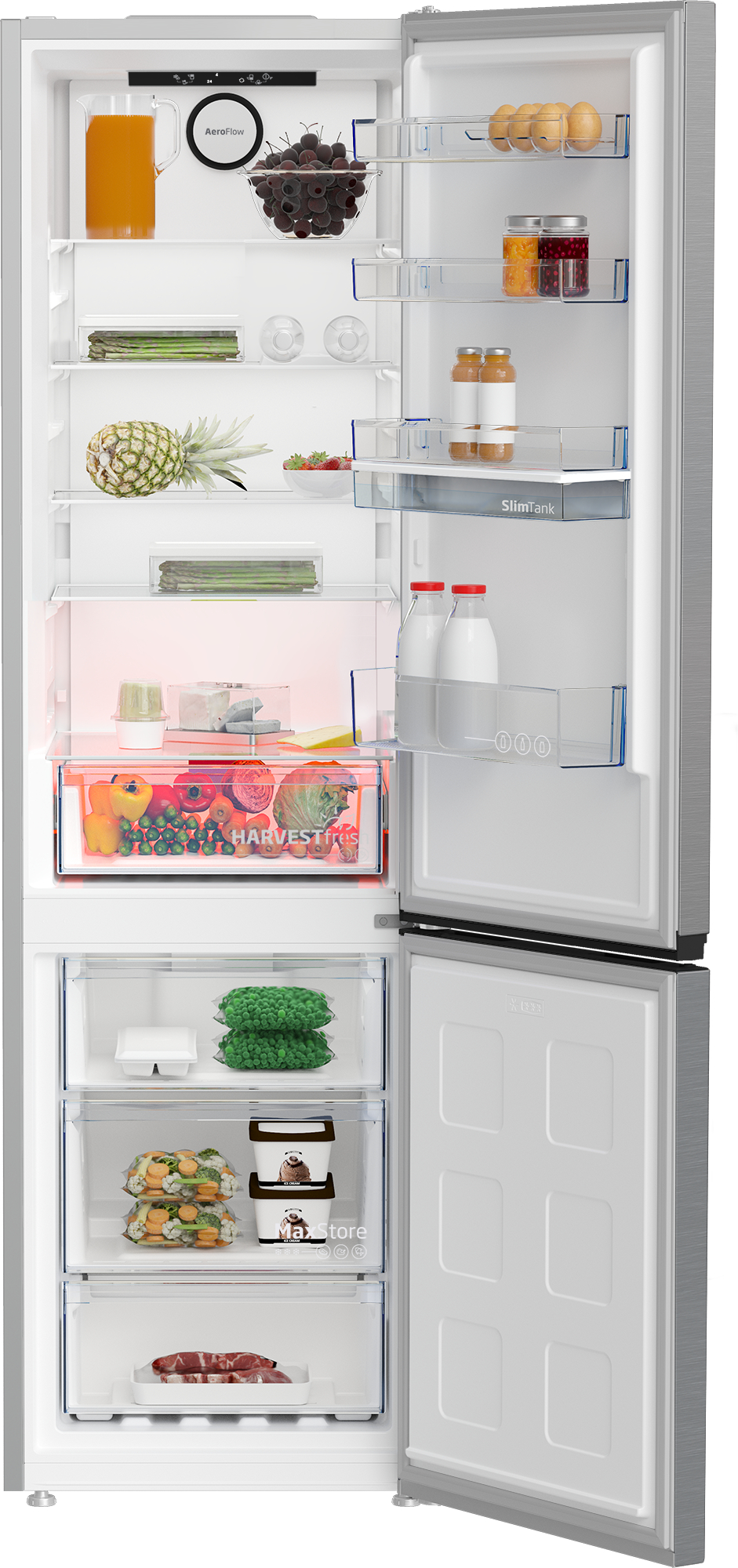 Offener Kühlschrank voller Lebensmittel: Obst, Gemüse, Eier, Getränke und Tiefkühlkost. Die Gefriertür ist offen.