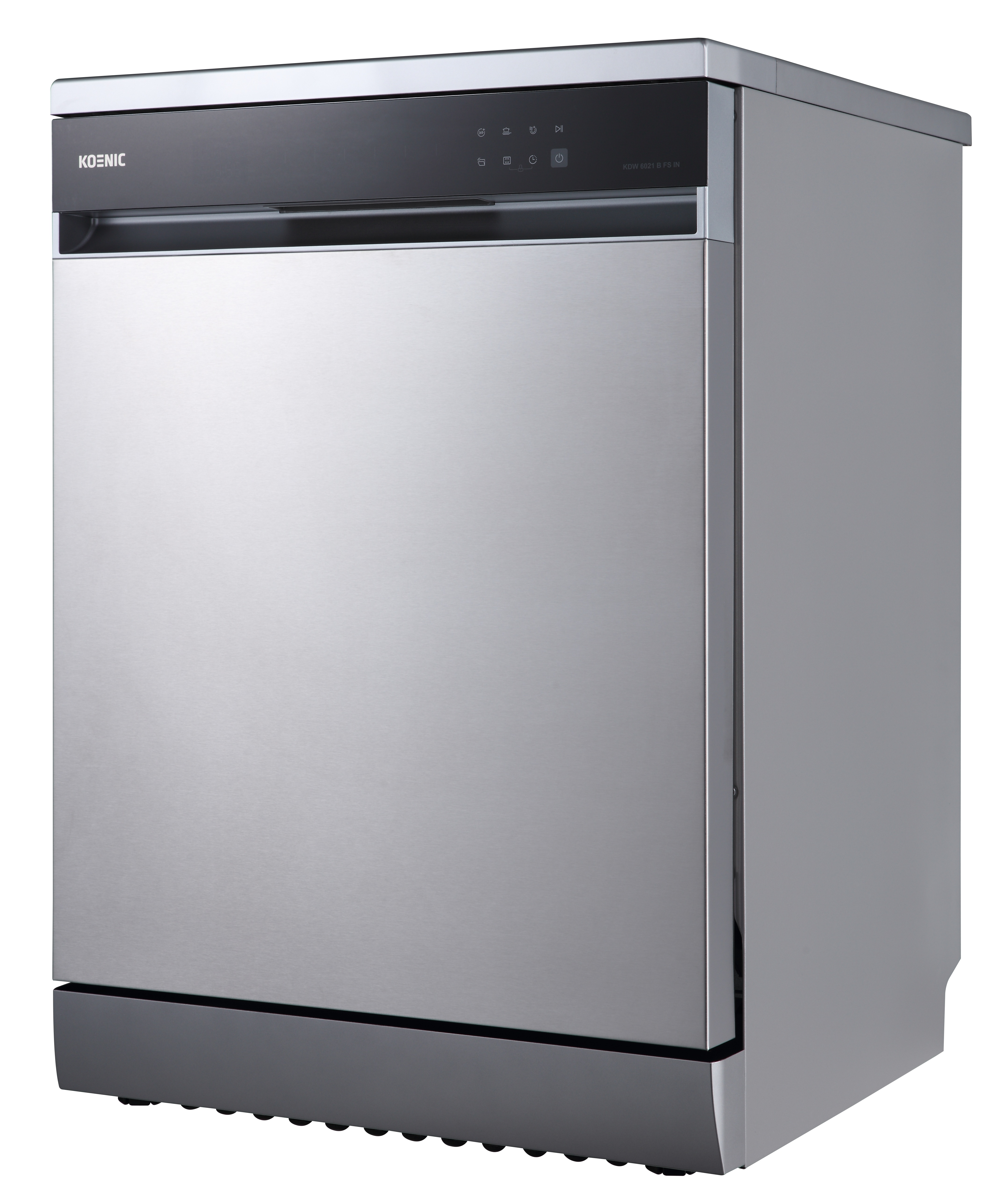 Srebrna zmywarka Koenic. Posiada czarny panel sterowania z ikonami i przyciskami. Maszyna stoi na białym tle.