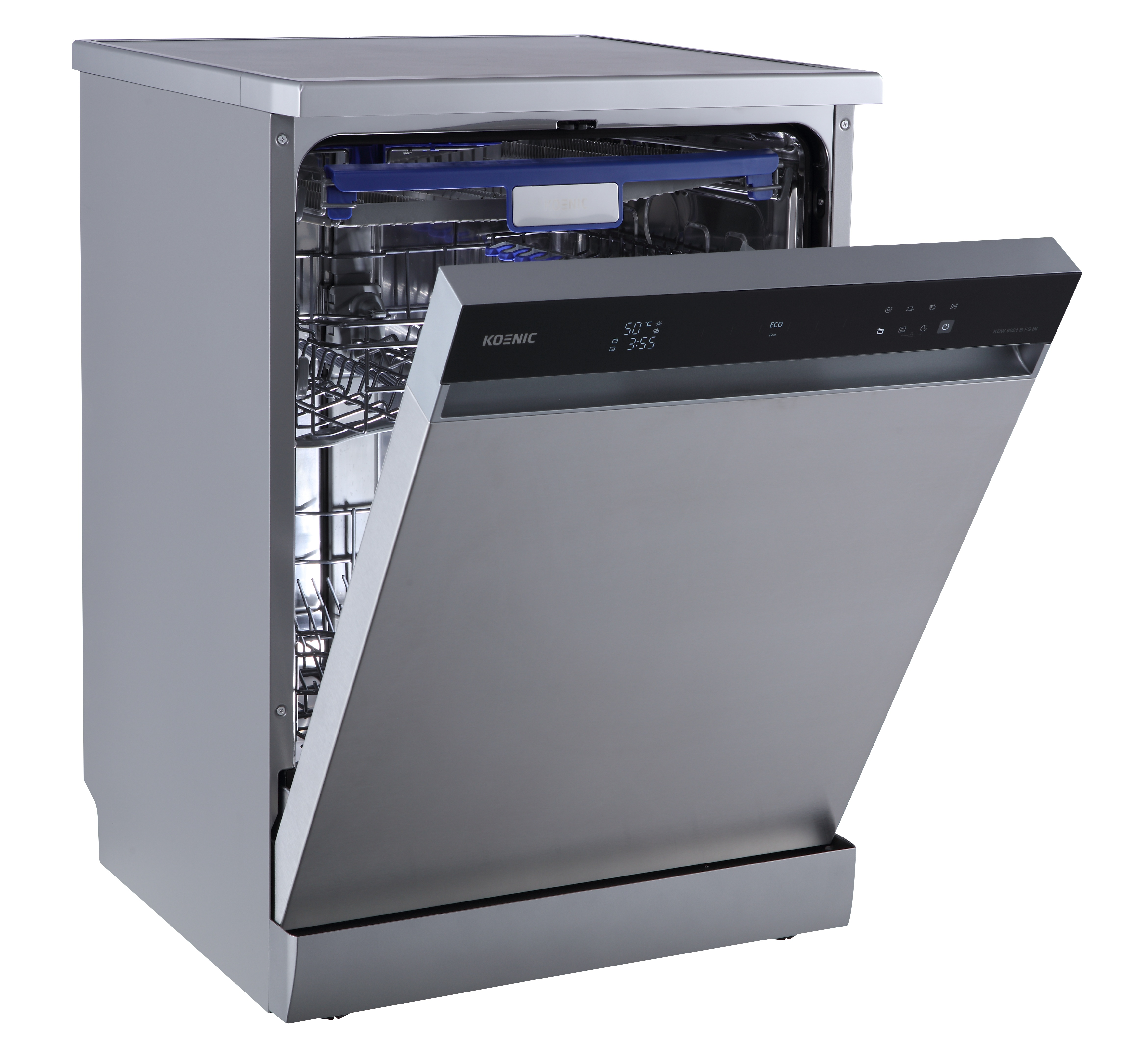 Srebrna zmywarka z otwartymi drzwiami, pokazująca wewnętrzne kosze i panel sterowania z wyświetlaczem cyfrowym.