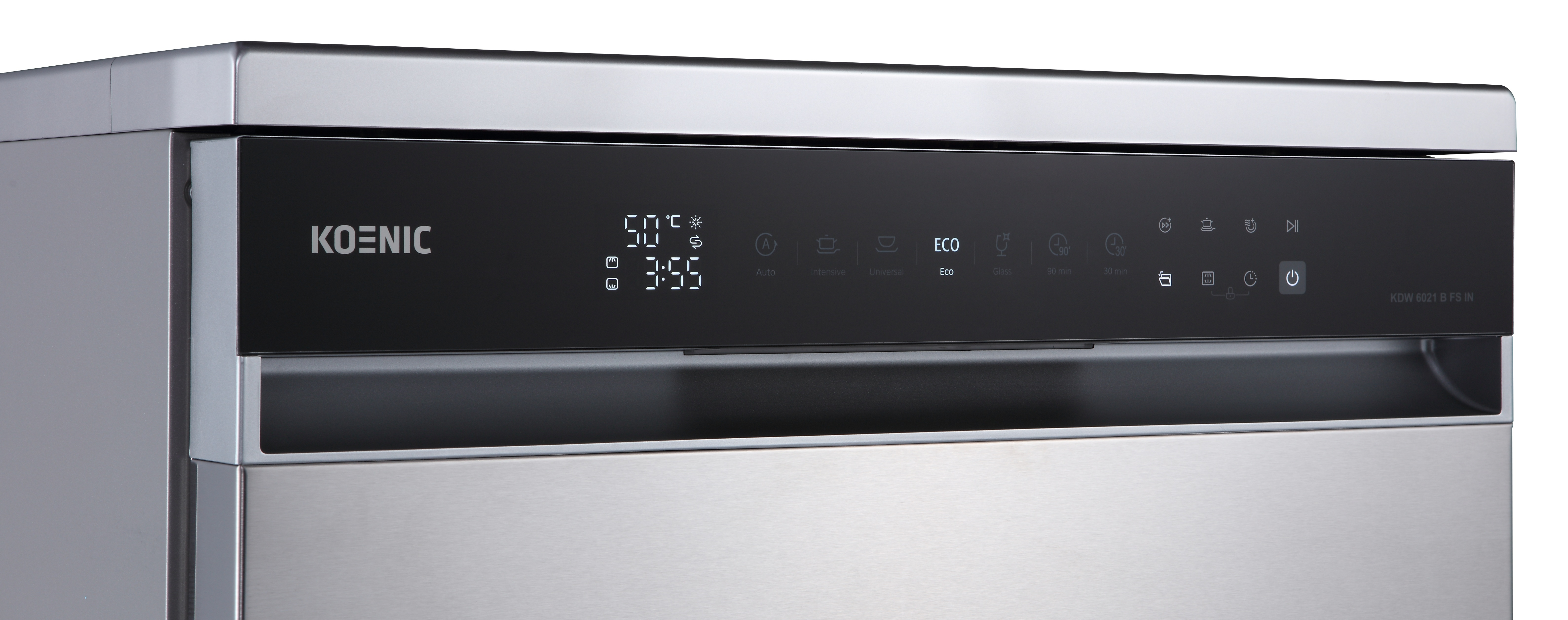 Zbliżenie zmywarki Koenic z czarnym panelem sterowania wyświetlającym ustawienia i cyfrowy timer.