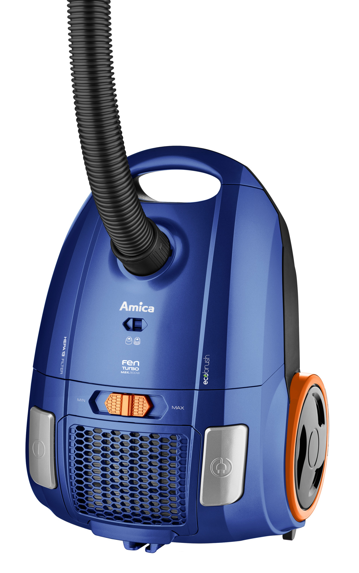 Niebiesko-czarny odkurzacz Amica. Posiada czarny wąż, pomarańczowe akcenty i srebrne przyciski. Posiada filtr HEPA.