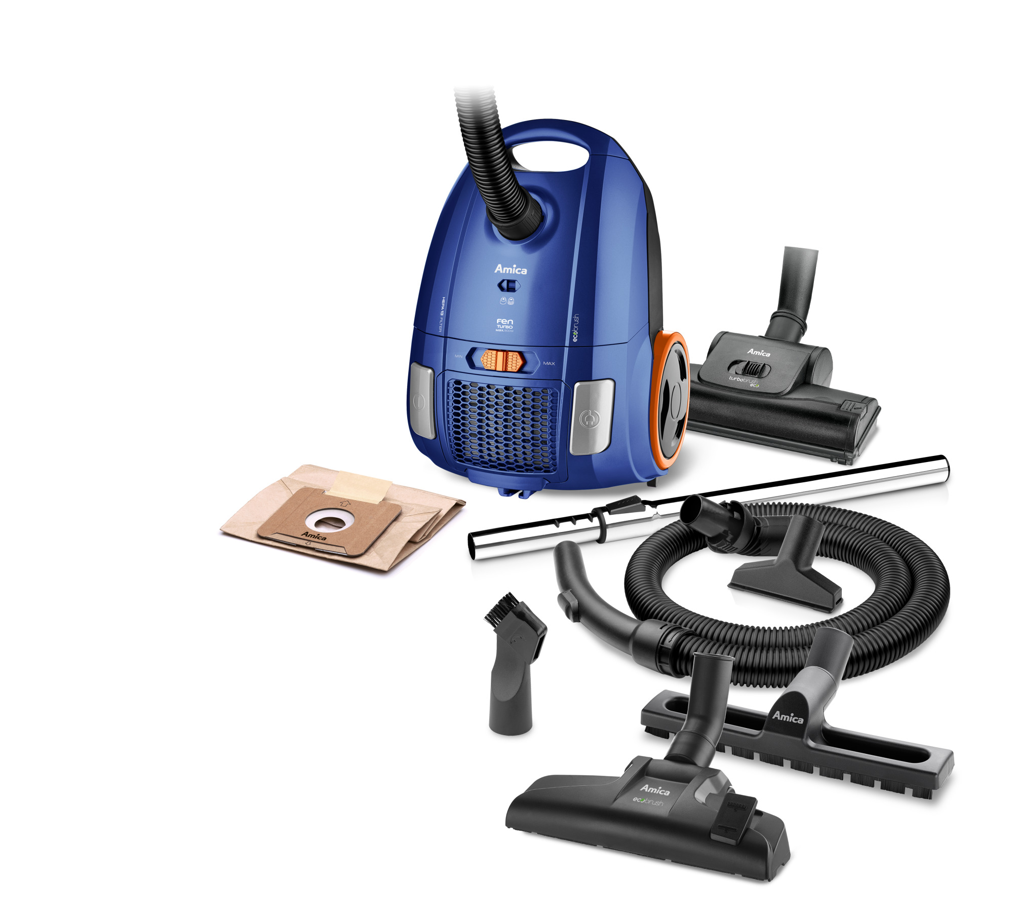 Niebieski odkurzacz Amica z akcesoriami i workiem. Odkurzacz jest na środku.