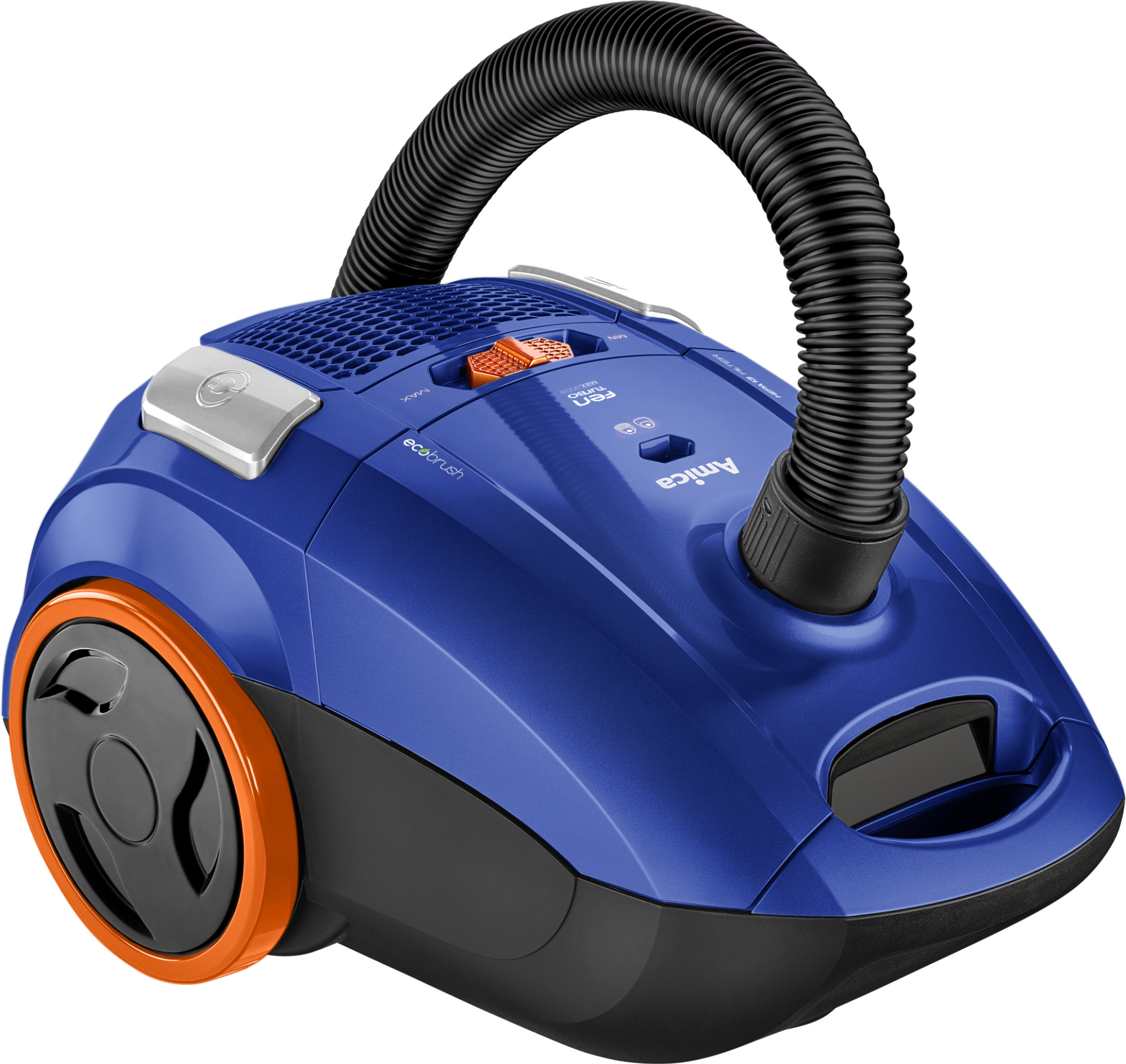 Niebiesko-czarny odkurzacz z pomarańczowymi akcentami. Posiada czarny wąż i pomarańczowe pokrętło.