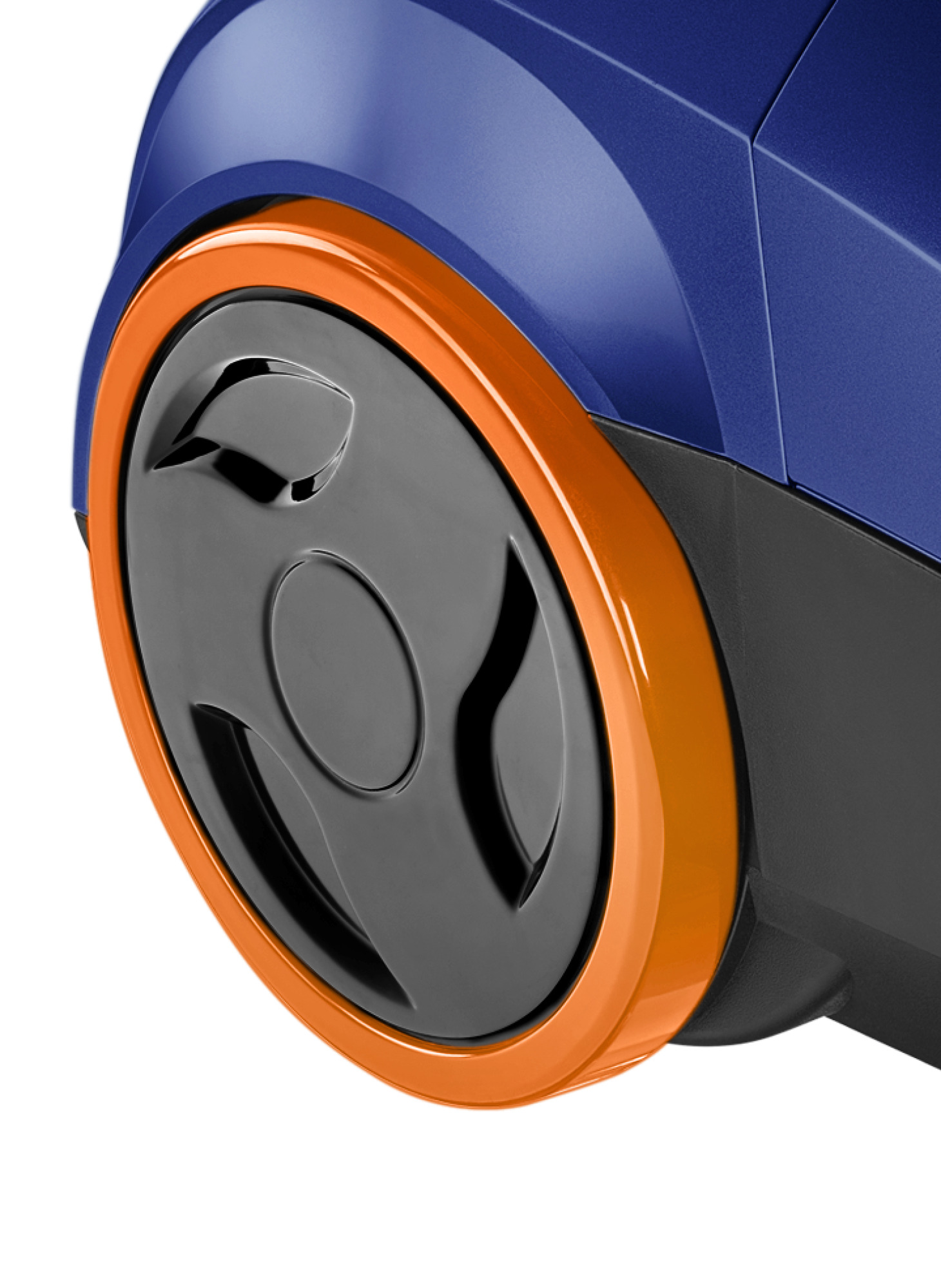 Zbliżenie koła odkurzacza. Ma czarne wnętrze, pomarańczową obręcz i niebieski korpus.