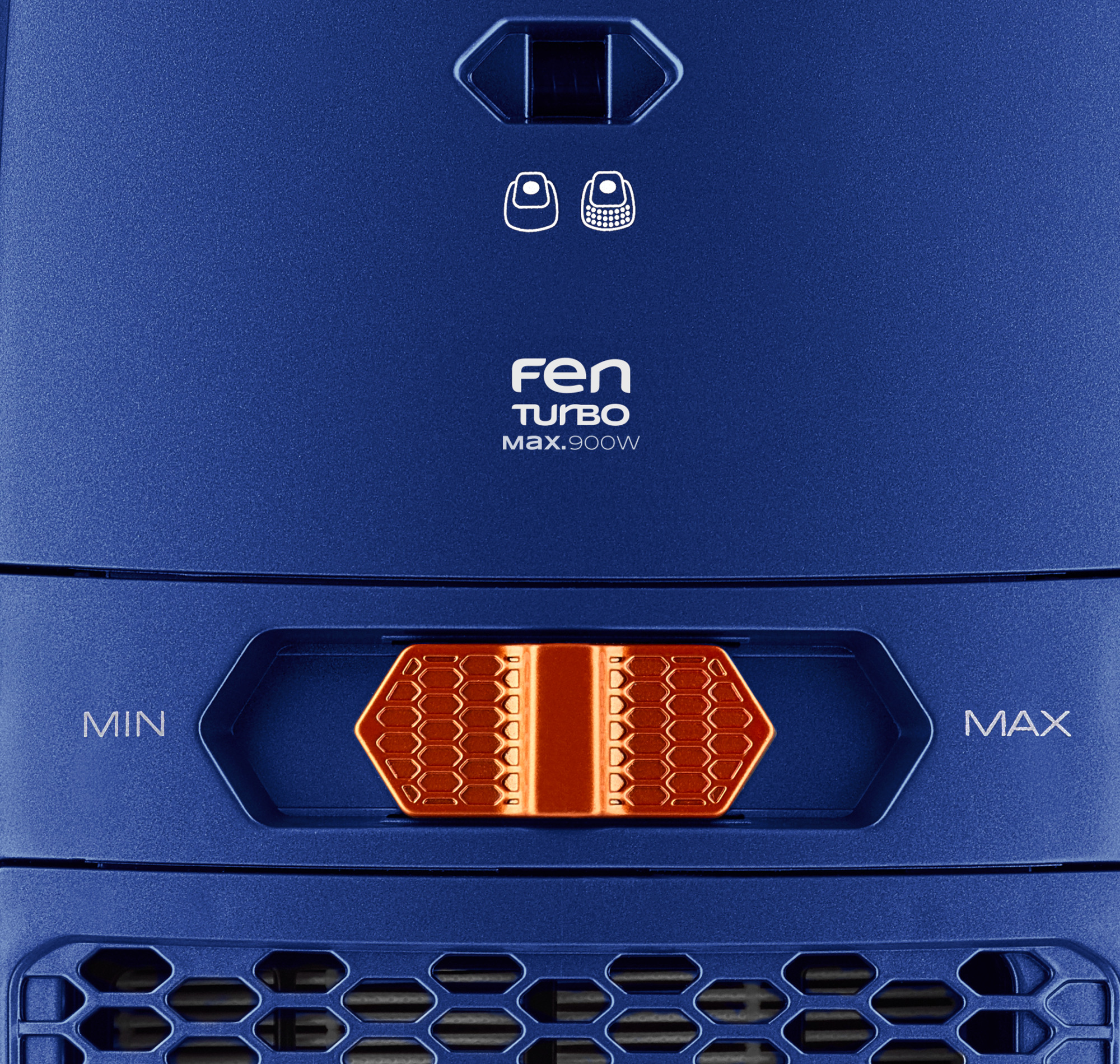 Niebieski panel sterowania odkurzacza z pomarańczowymi akcentami. Posiada przyciski, pokrętło zasilania i markę 'fen TURBO'.