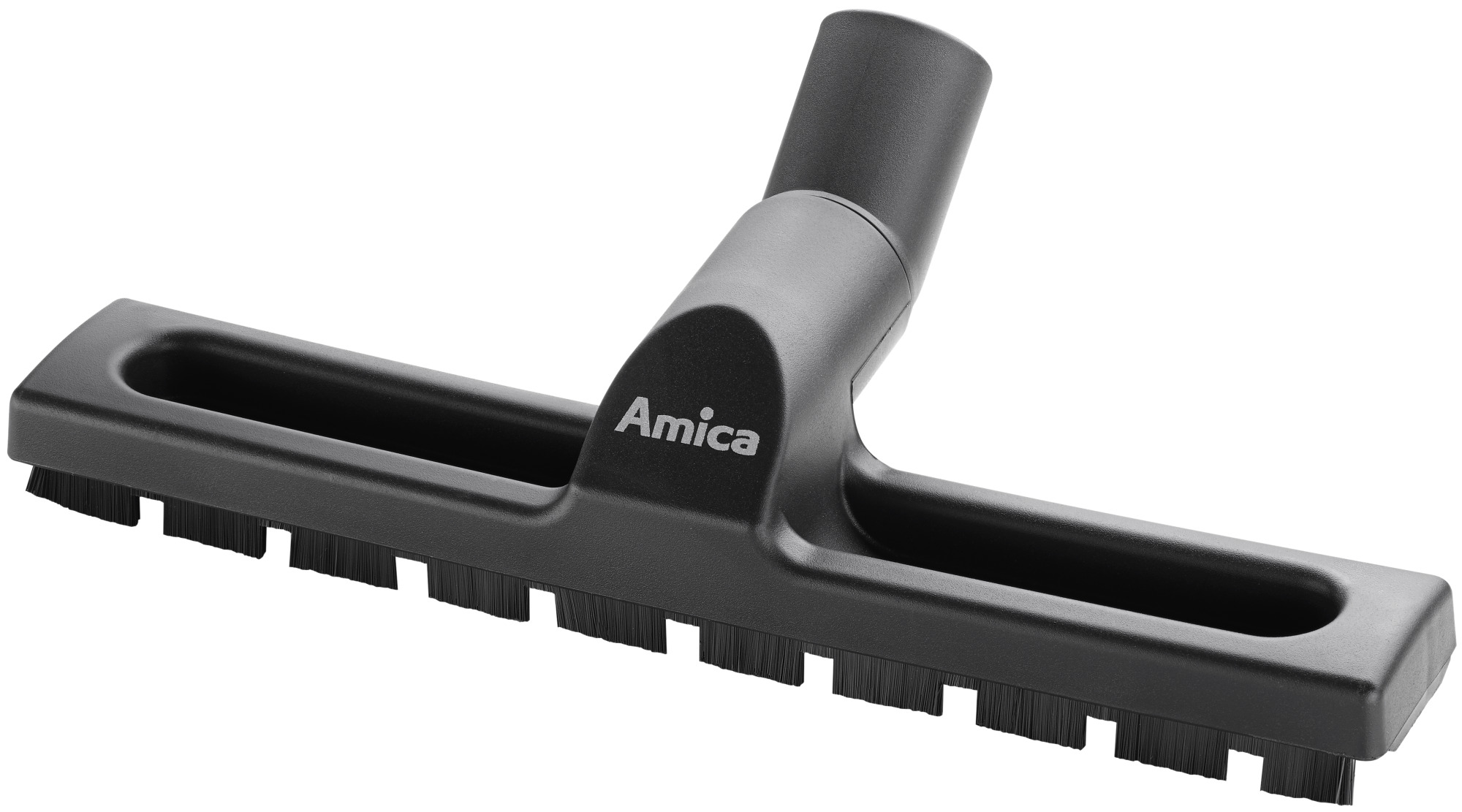 Czarna głowica do odkurzacza Amica. Ma prostokątny kształt ze szczeciną i zakrzywionym uchwytem.